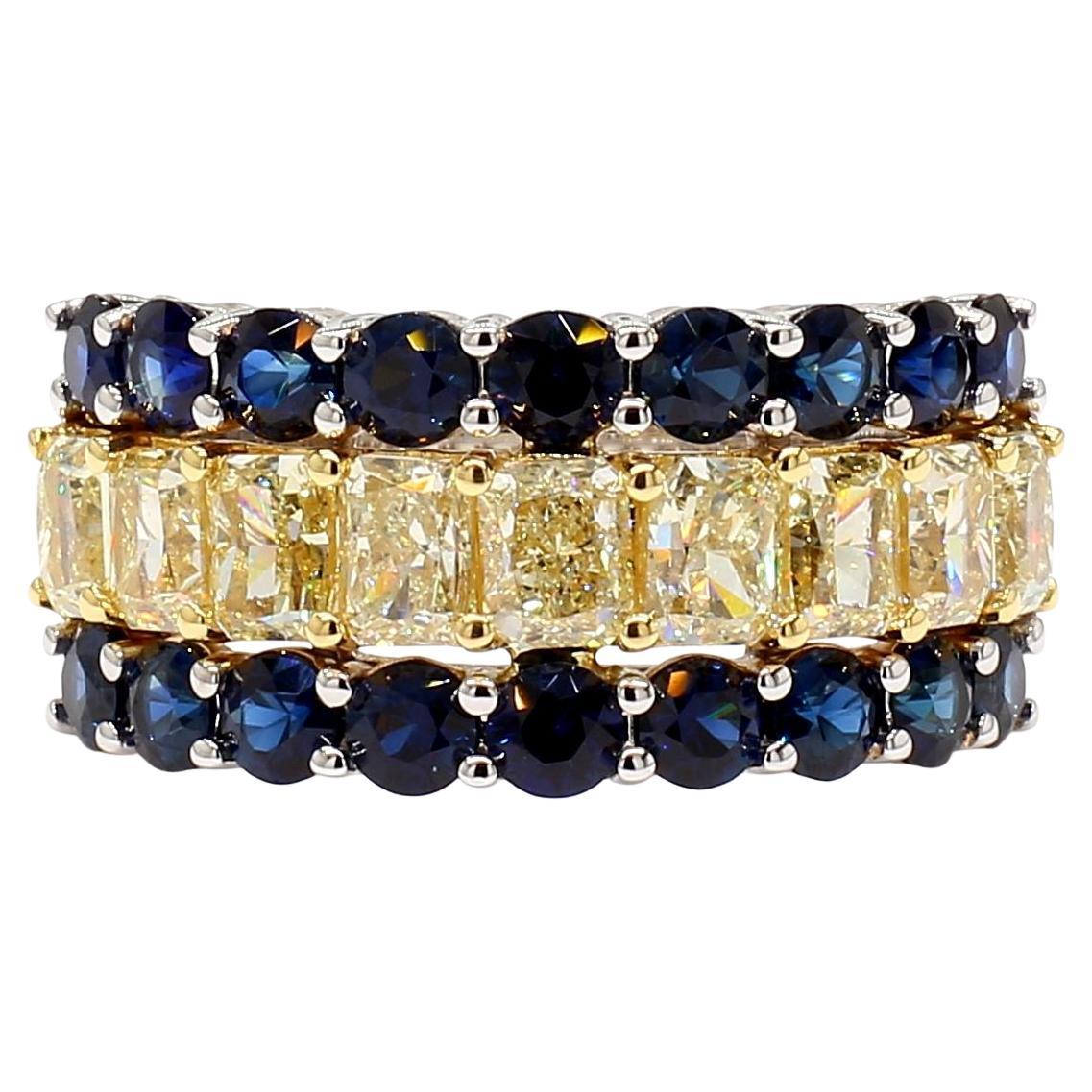 Natural Yellow Radiant Diamond and Blue Round Sapphire 5.16 Carat TW Gold Band For Sale