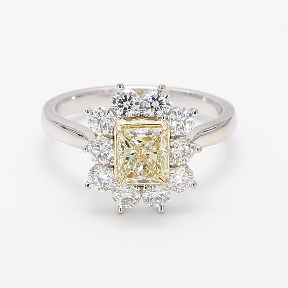 Contemporary Natural Yellow Radiant and White Diamond Ring 1.74 Carat Total Diamond 18k Gold