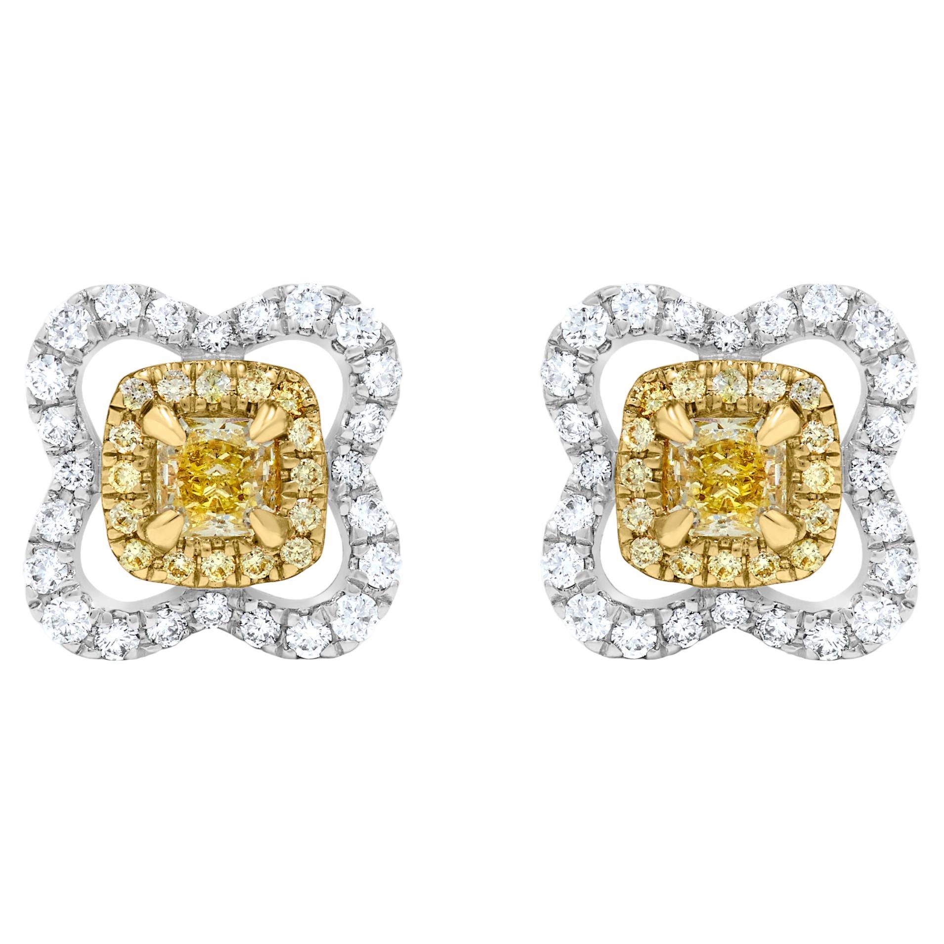 Natural Yellow Radiants and White Diamond .90 Carat TW Gold Stud Earrings