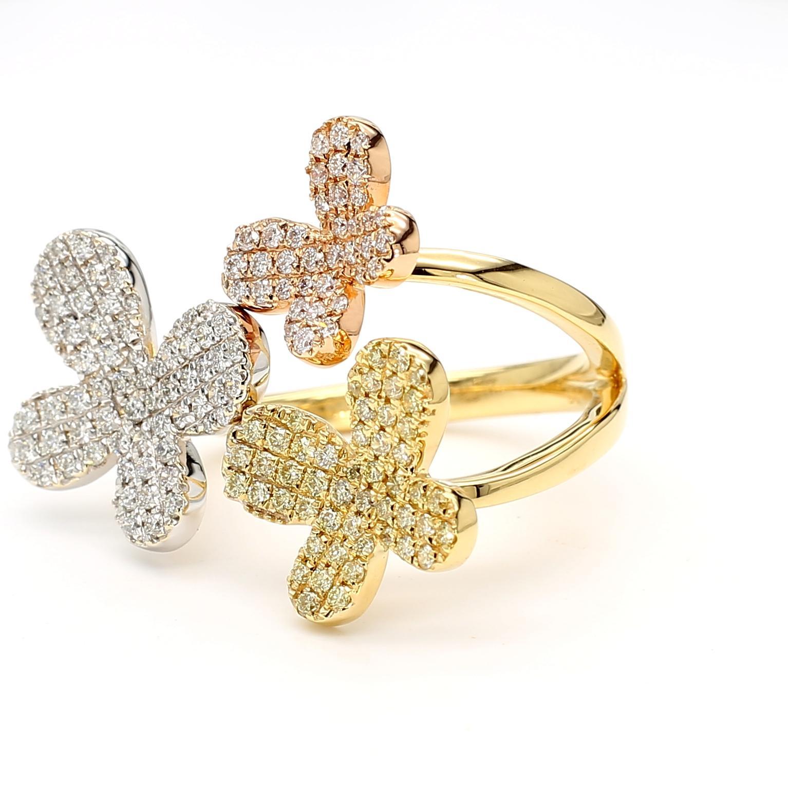 RareGemWorld's beautiful diamond cocktail ring. Mounted in a beautiful 18K Yellow, Rose, and White Gold setting with natural round cut yellow diamonds complimented by natural round white diamond melee. This ring is guaranteed to impress and enhance