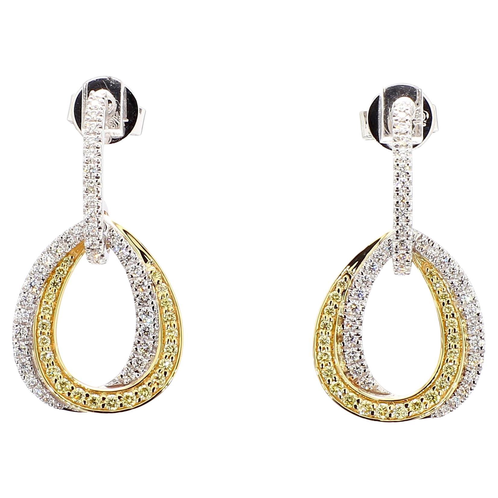 Natural Yellow Round and White Diamond 0.79 Carat TW Gold Drop Earrings