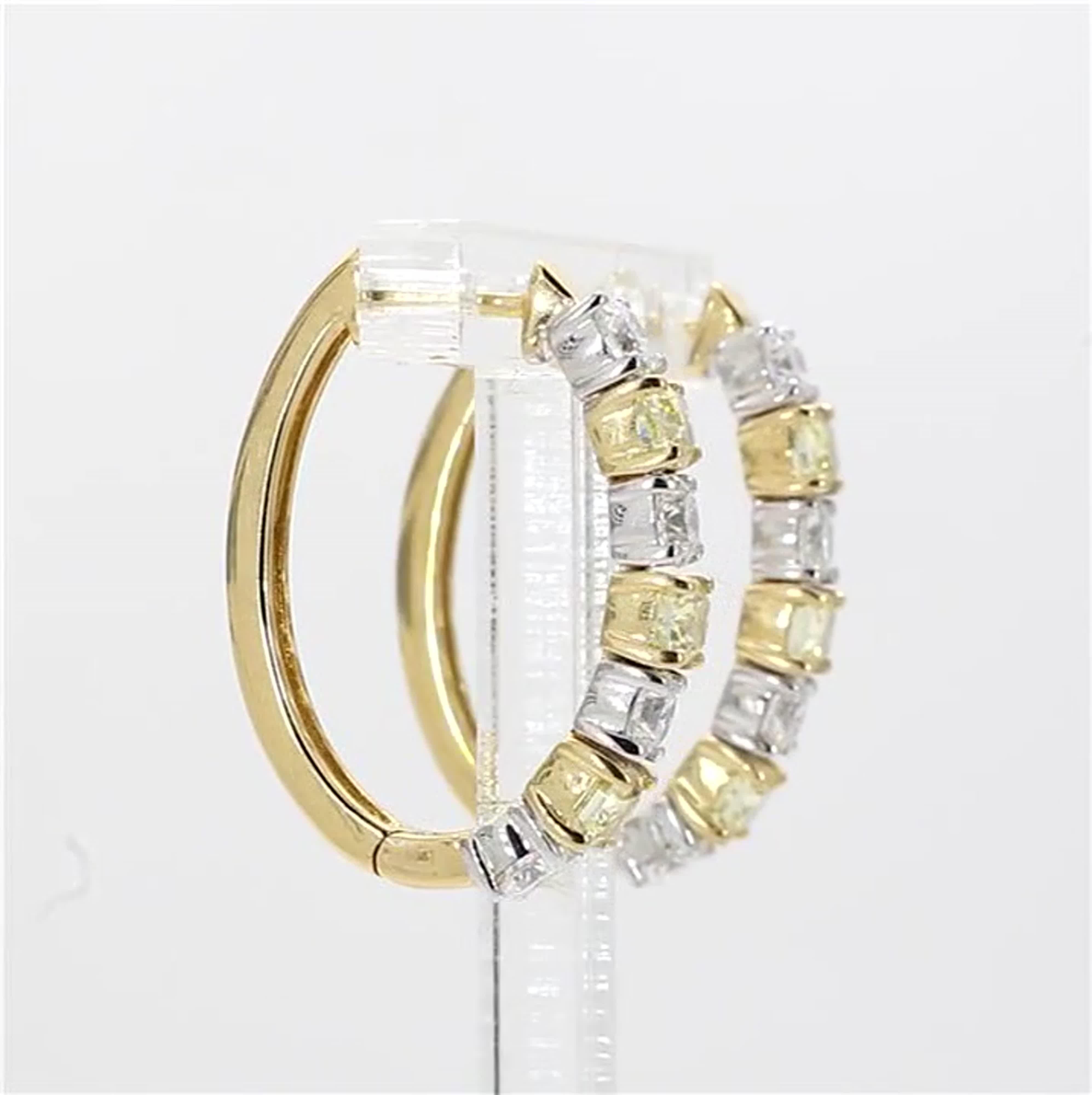 Natural Yellow Round and White Diamond 1.00 Carat TW Gold Hoop Earrings Corte cojín