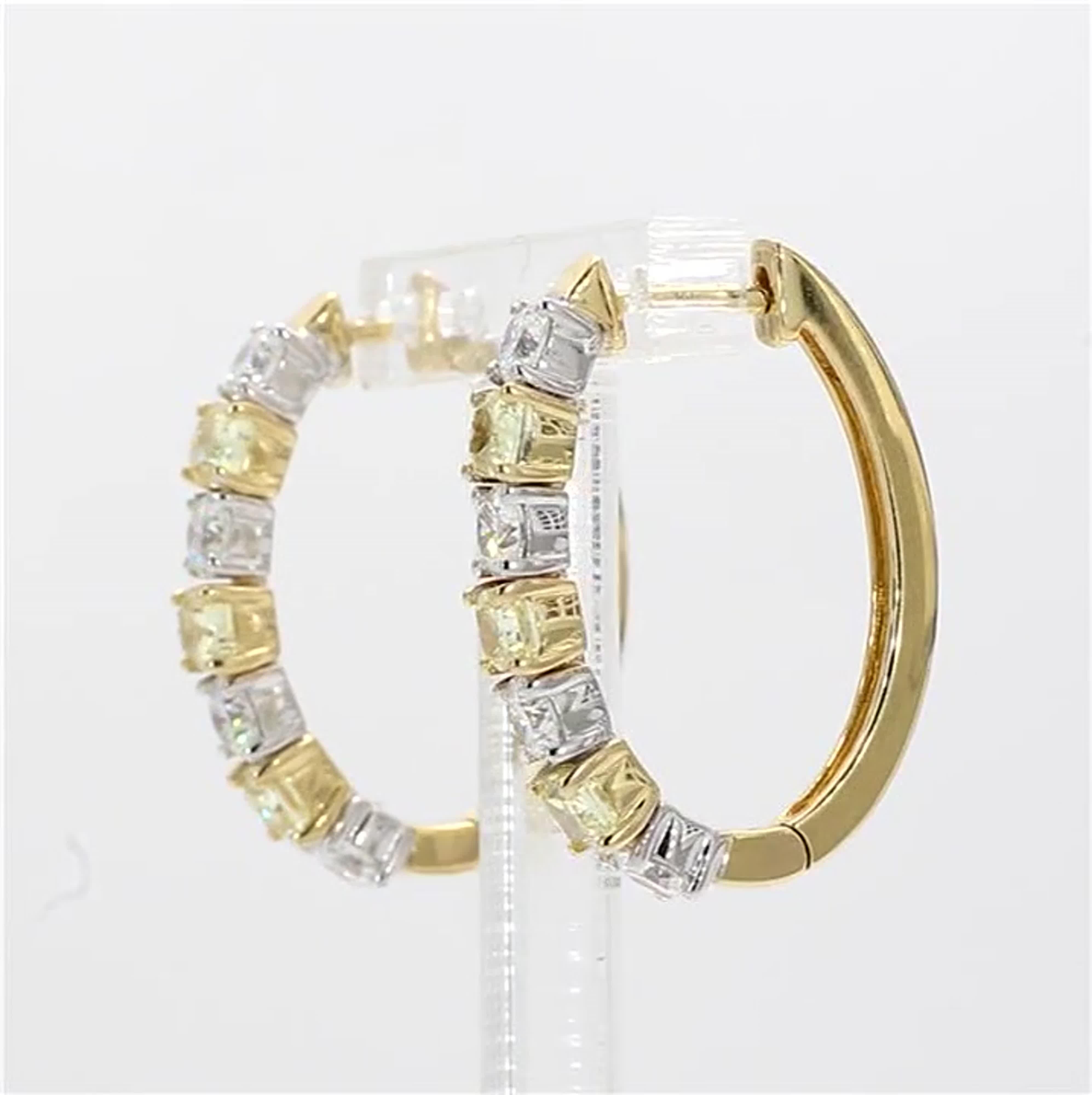 Natural Yellow Round and White Diamond 1.00 Carat TW Gold Hoop Earrings In New Condition For Sale In New York, NY