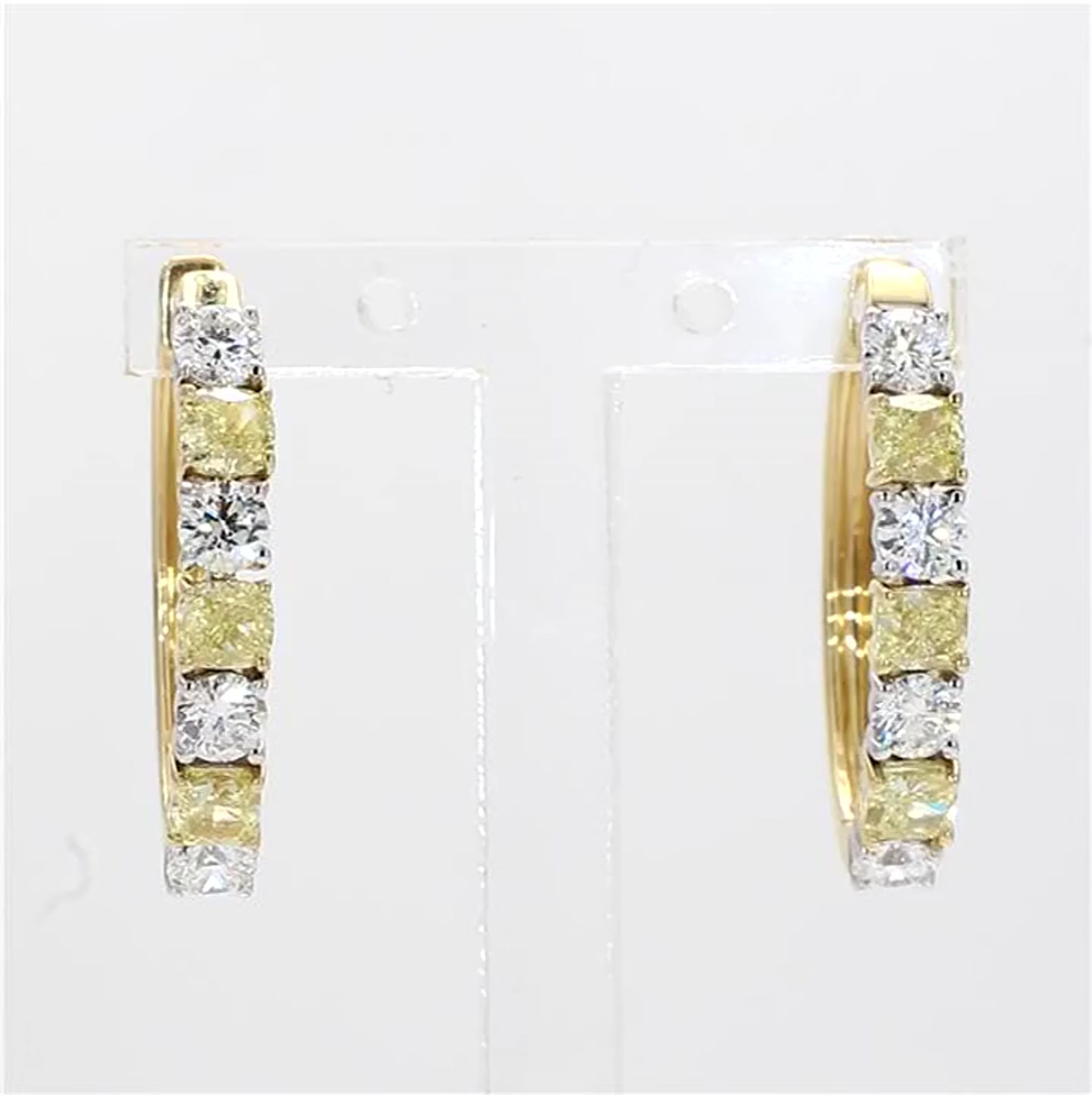 Natural Yellow Round and White Diamond 1.00 Carat TW Gold Hoop Earrings 1