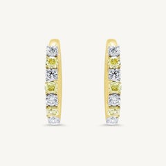 Natural Yellow Round and White Diamond 1.00 Carat TW Gold Hoop Earrings
