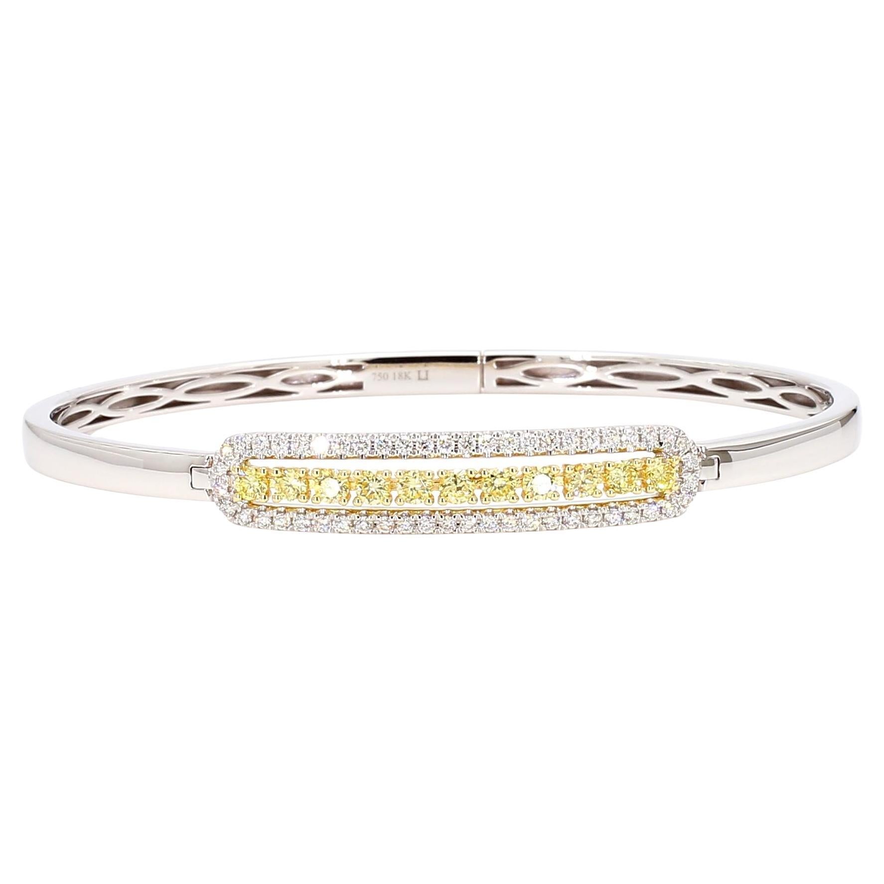 Natural Yellow Round and White Diamond 1.09 Carat TW Gold Cuff Bracelet