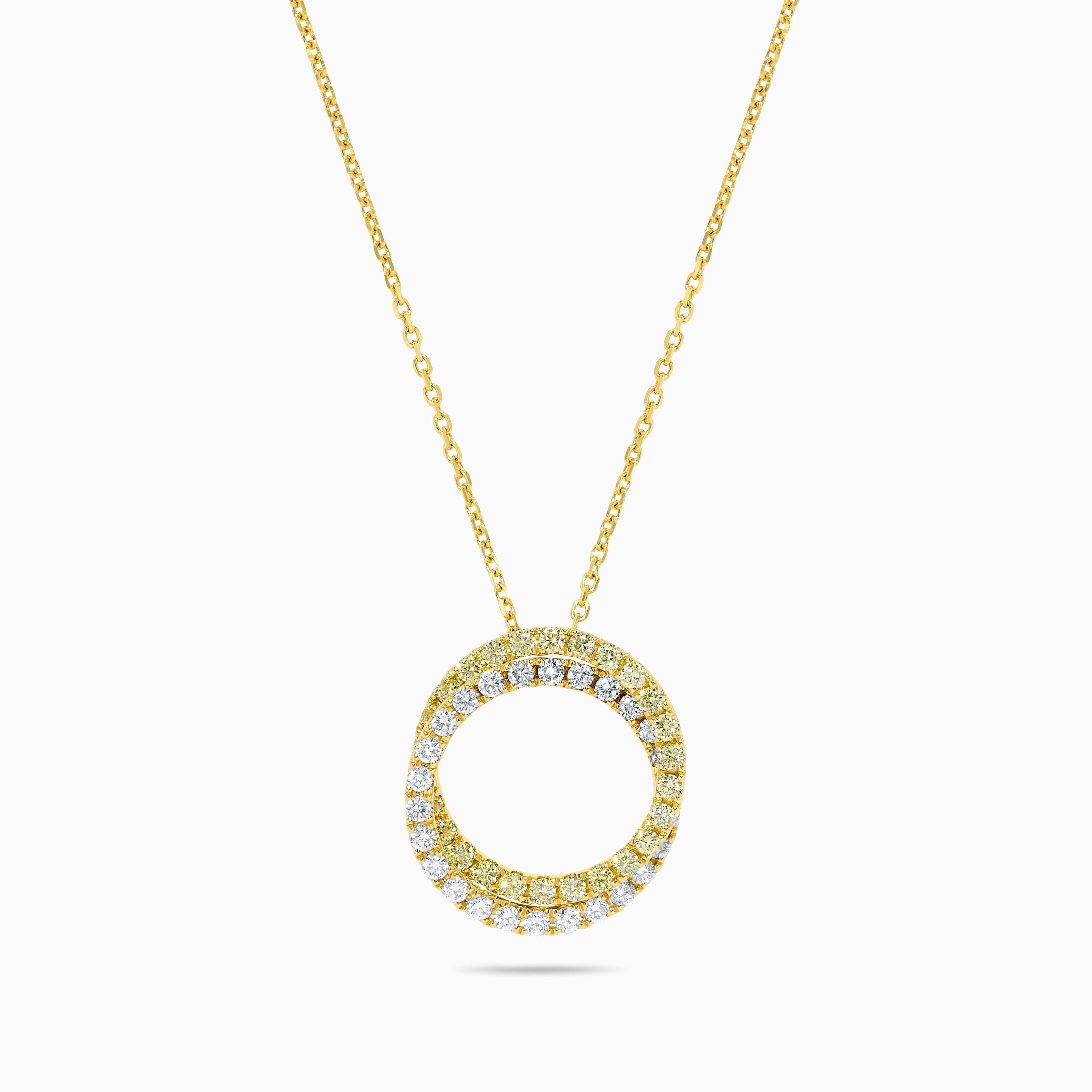 Contemporary Natural Yellow Round and White Diamond 1.20 Carat TW Gold Circle Pendant For Sale