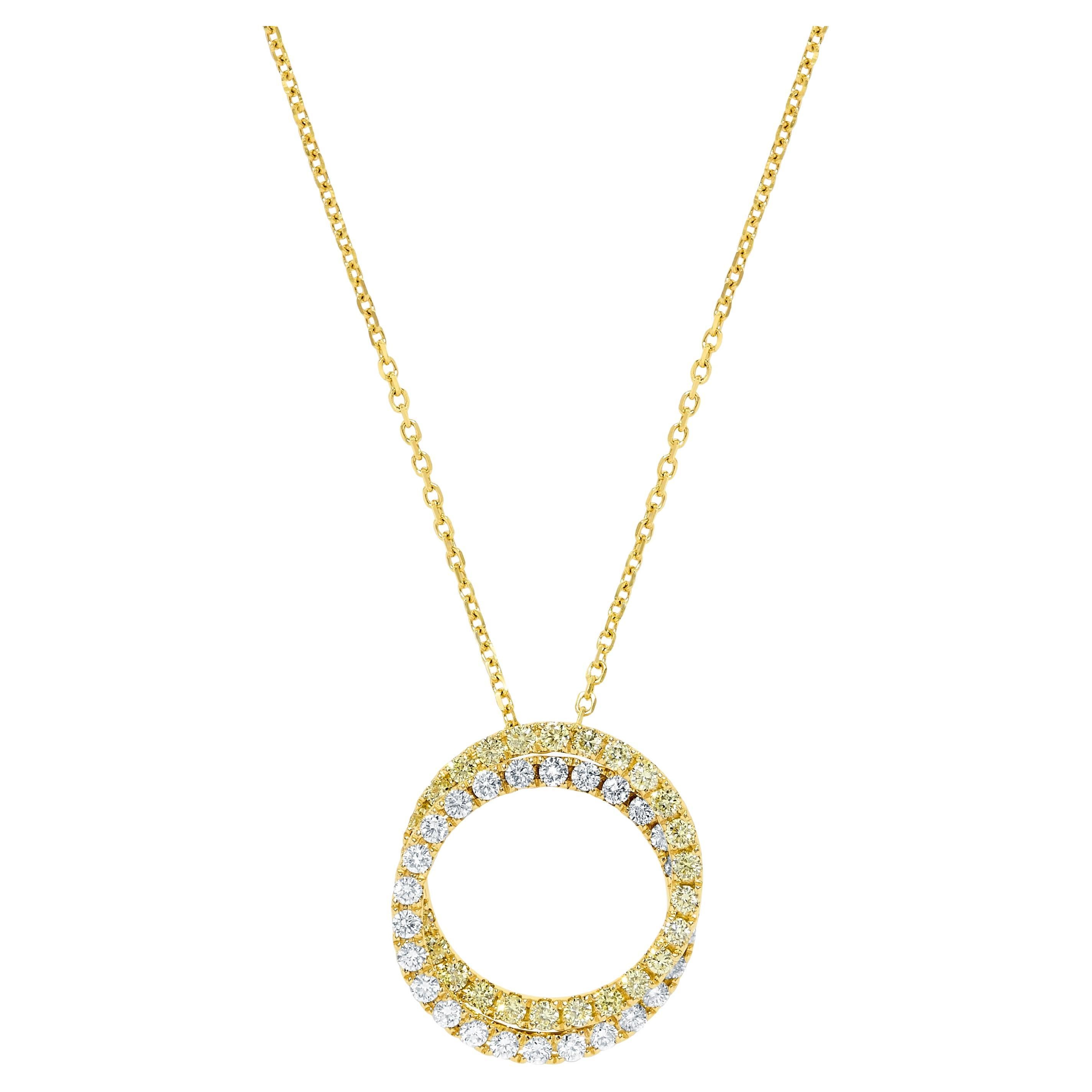 Natural Yellow Round and White Diamond 1.20 Carat TW Gold Circle Pendant For Sale