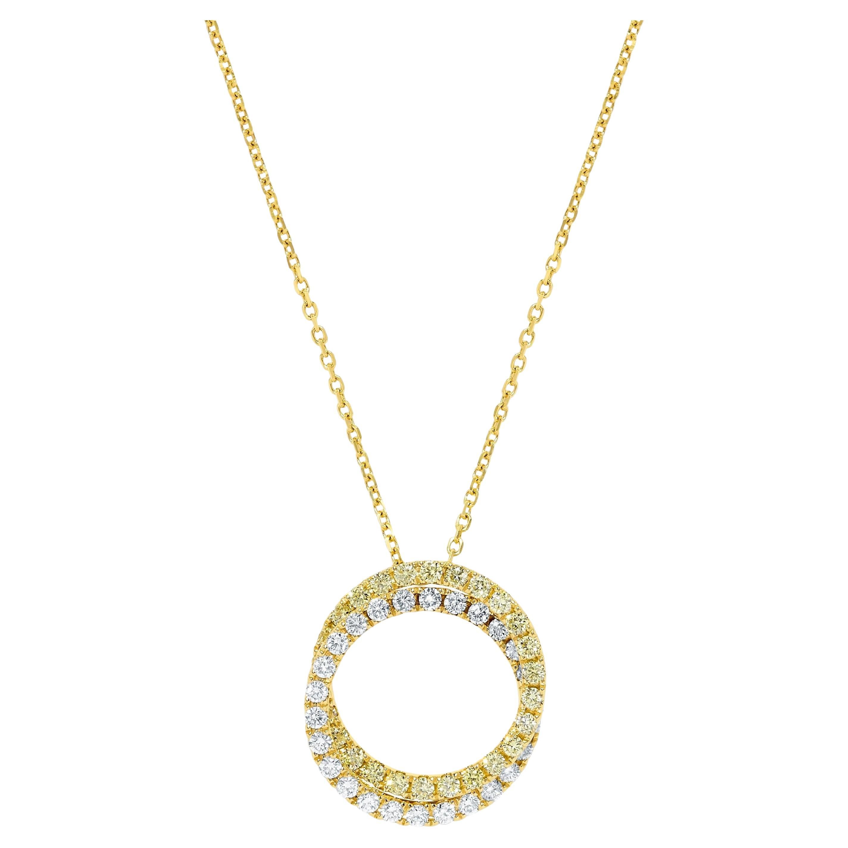Natural Yellow Round and White Diamond 1.20 Carat TW Gold Drop Pendant