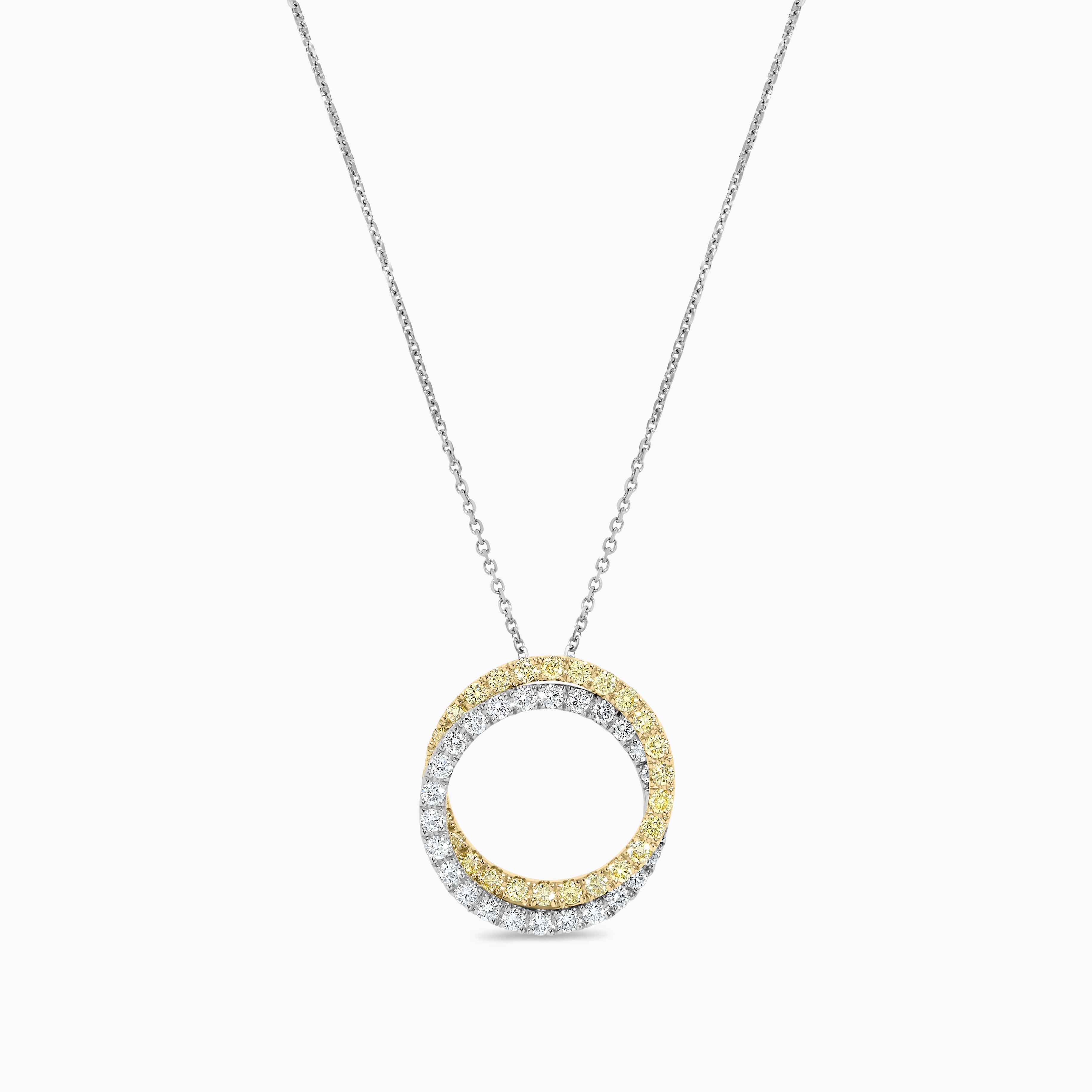 Natural Yellow Round and White Diamond 1.27 Carat TW Gold Circle Pendant For Sale