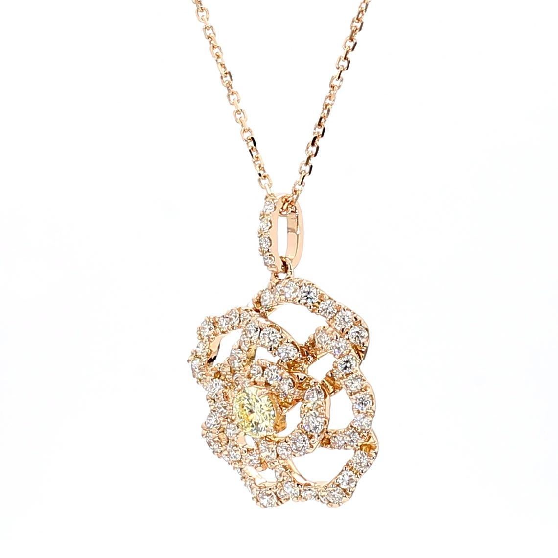Il bellissimo ciondolo con diamante di RareGemworld. Montato in una splendida montatura in oro rosa 18 carati con un diamante giallo naturale rotondo completato da un diamante bianco naturale rotondo. Questo ciondolo è destinato a stupire e ad