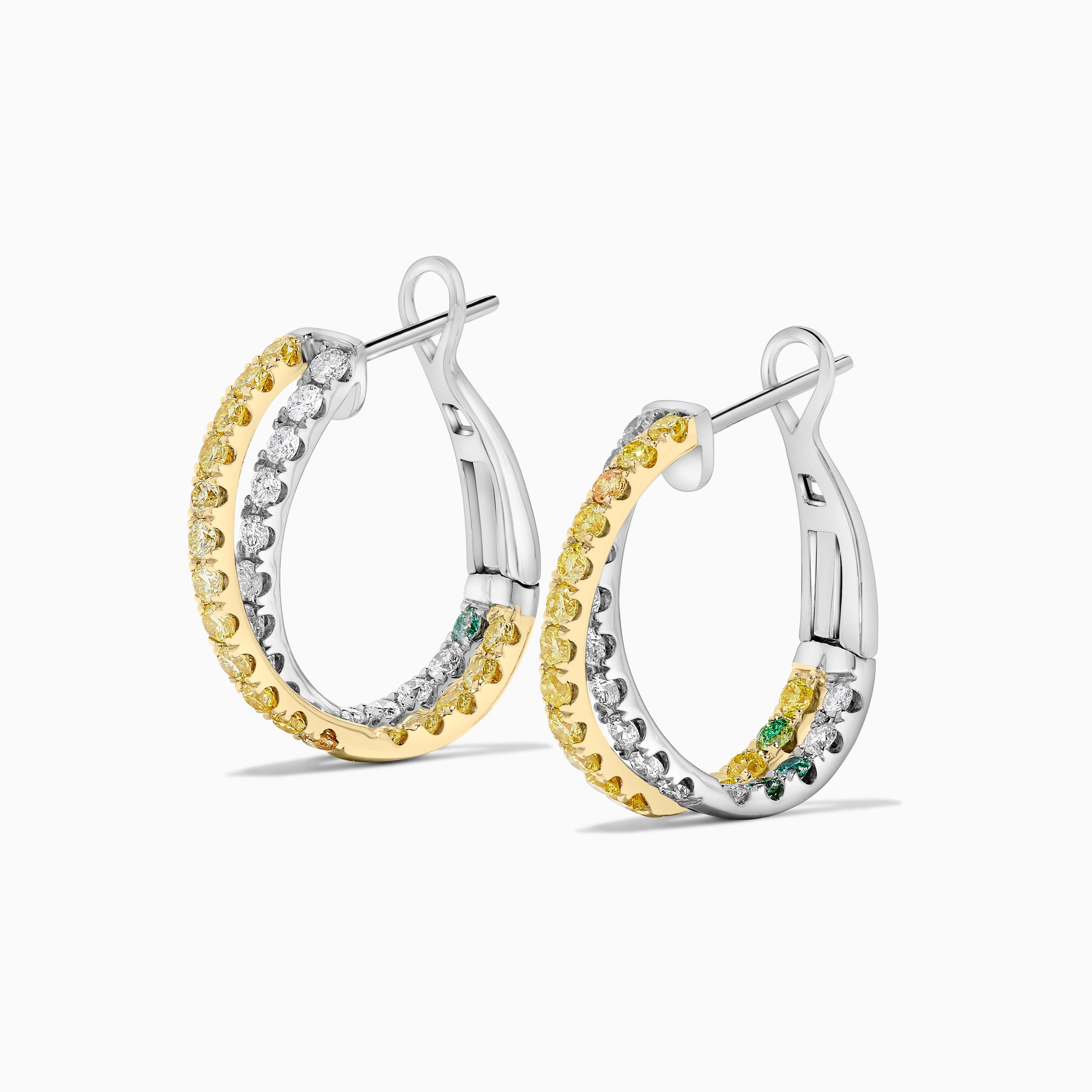 Contemporary Natural Yellow Round and White Diamond 1.74 Carat TW Gold Hoop Earrings For Sale