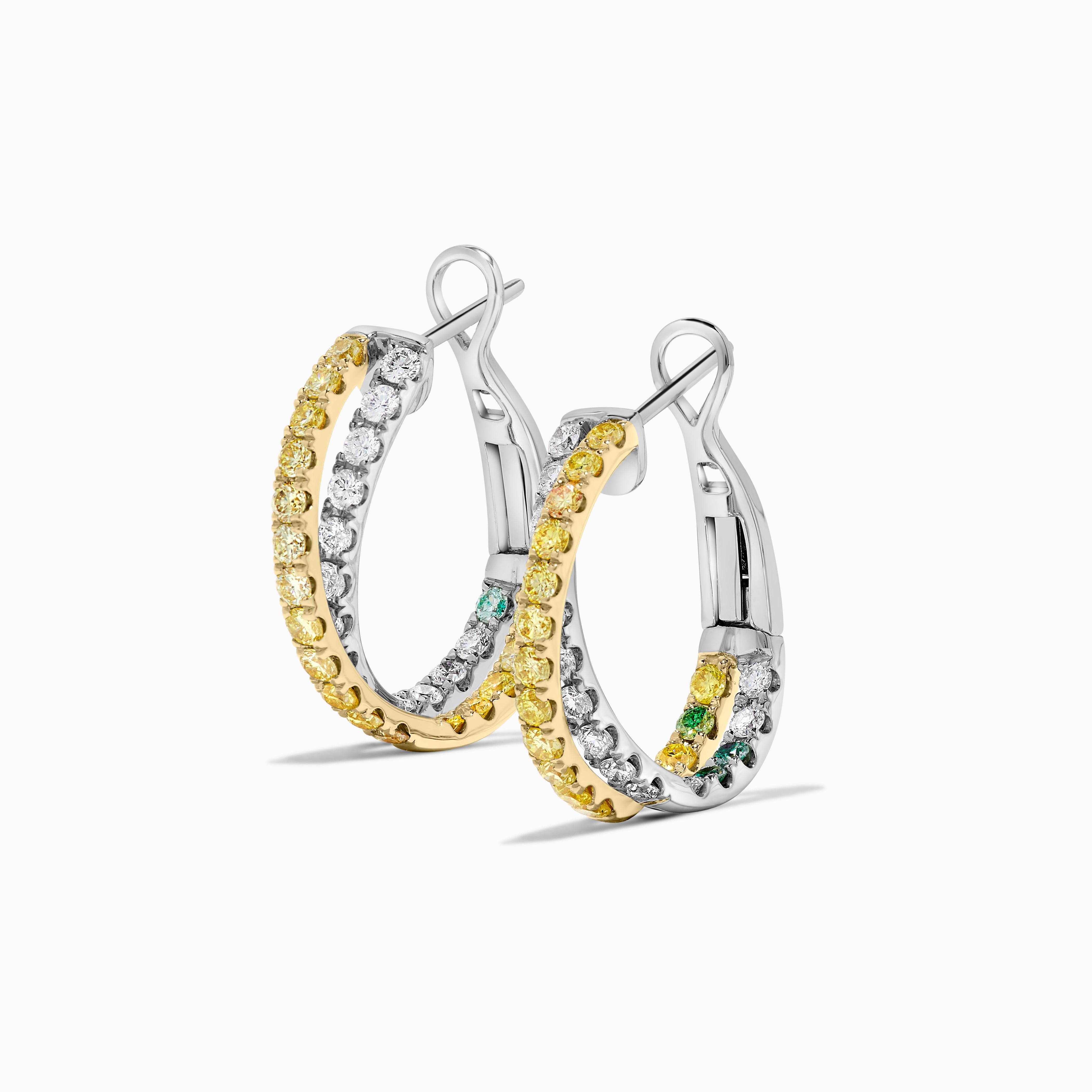 Round Cut Natural Yellow Round and White Diamond 1.74 Carat TW Gold Hoop Earrings For Sale