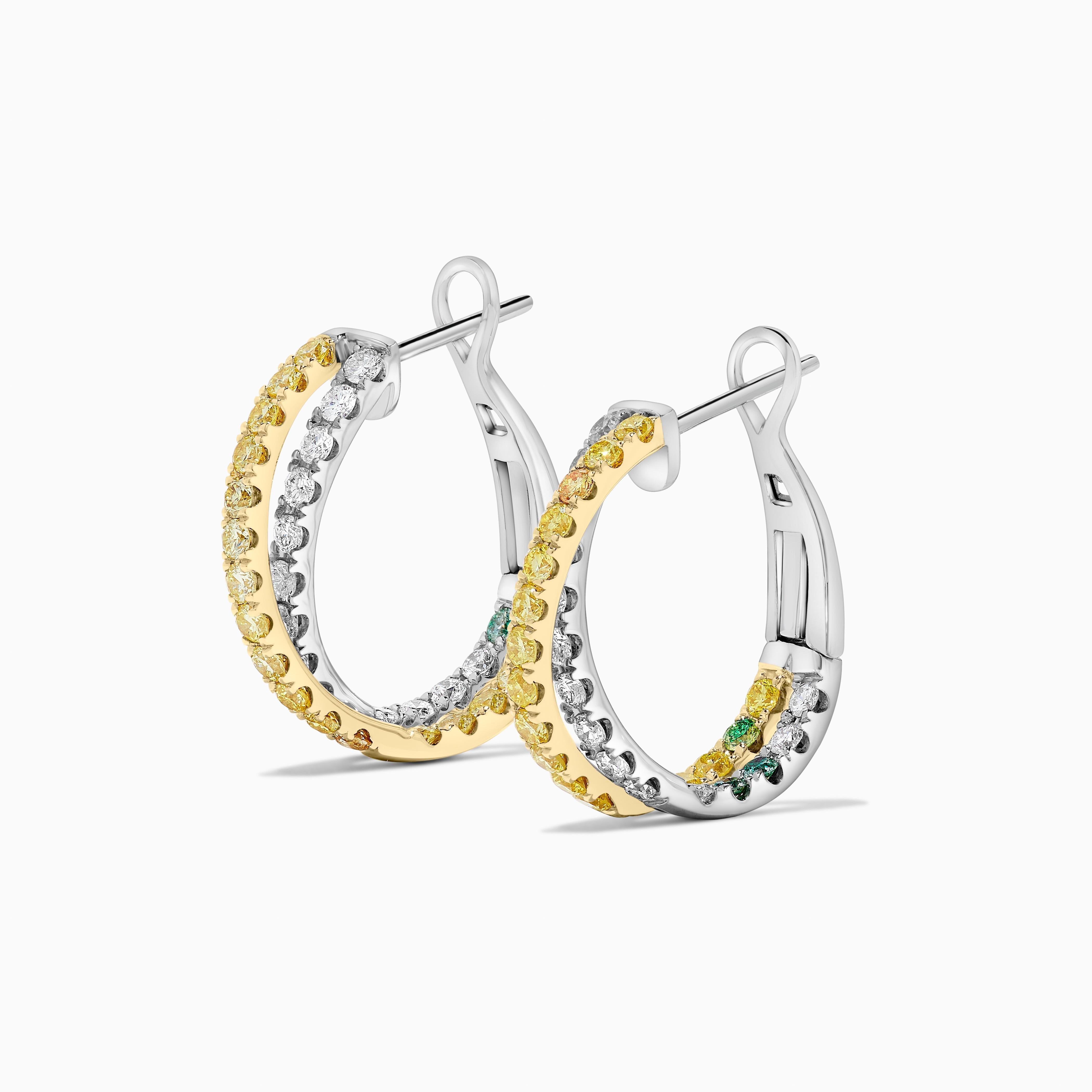 Natürlicher gelber runder und weißer Diamant 1.74 Karat TW Gold Creolen (Rundschliff) im Angebot