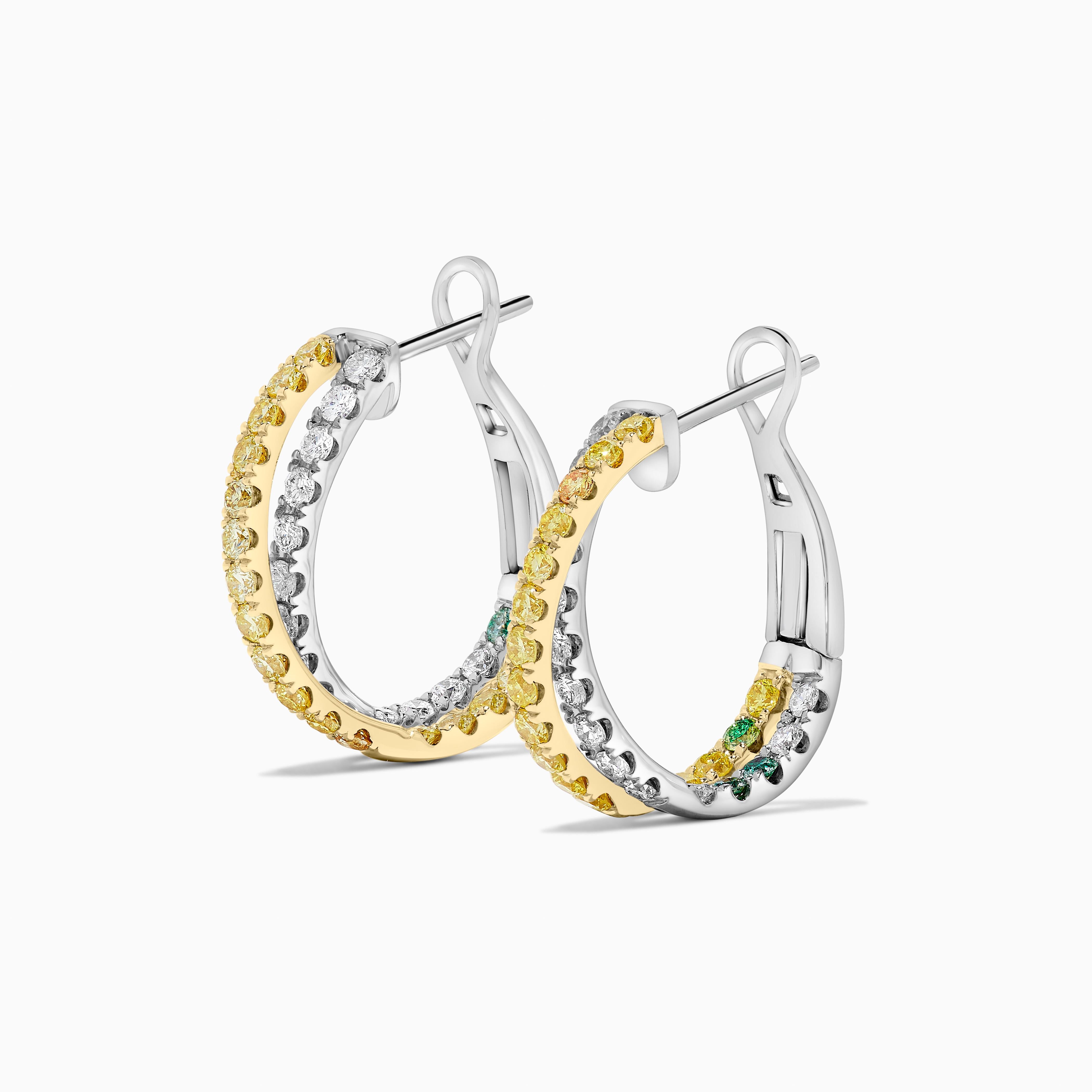 Natural Yellow Round and White Diamond 1.74 Carat TW Gold Hoop Earrings In New Condition For Sale In New York, NY