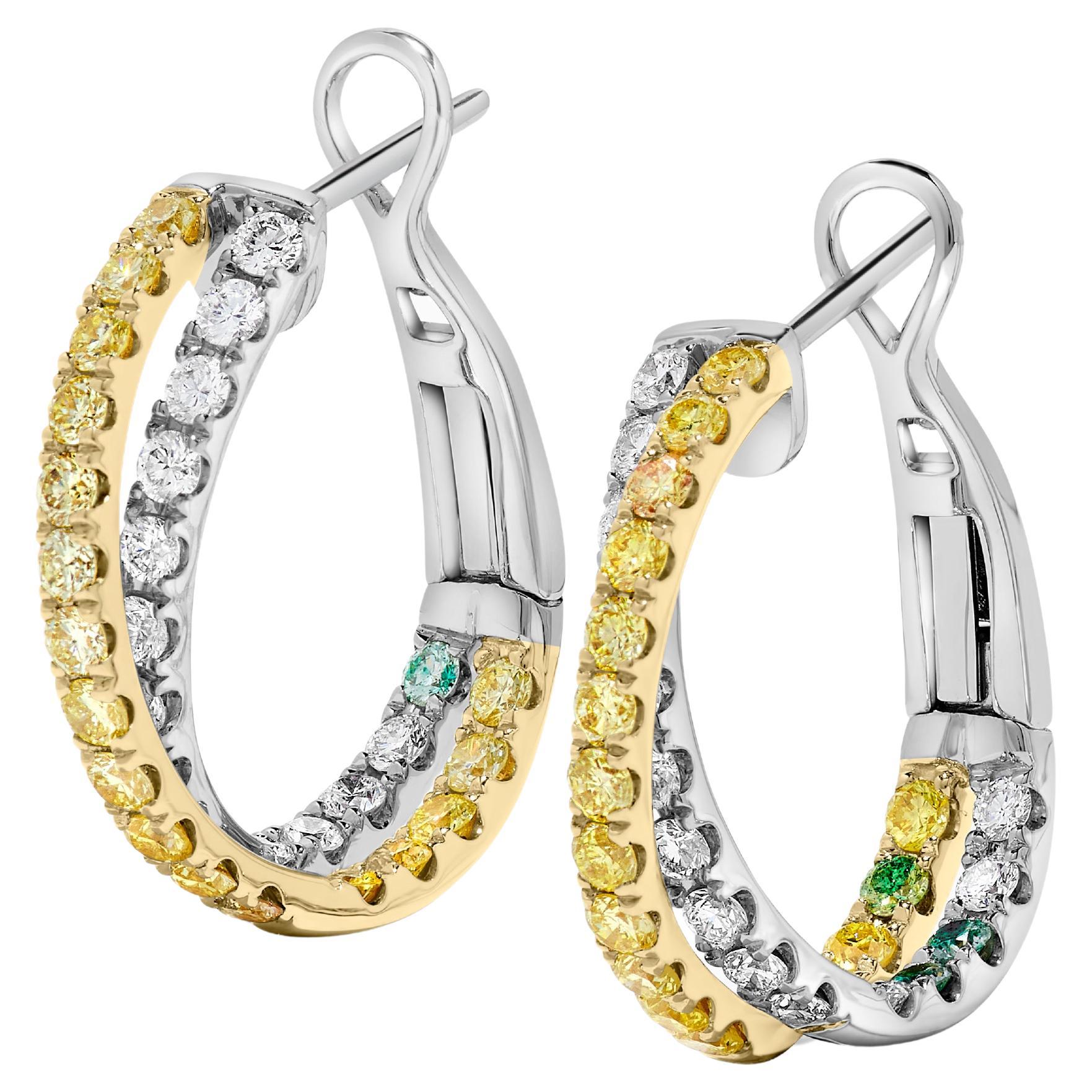 Natural Yellow Round and White Diamond 1.74 Carat TW Gold Hoop Earrings For Sale