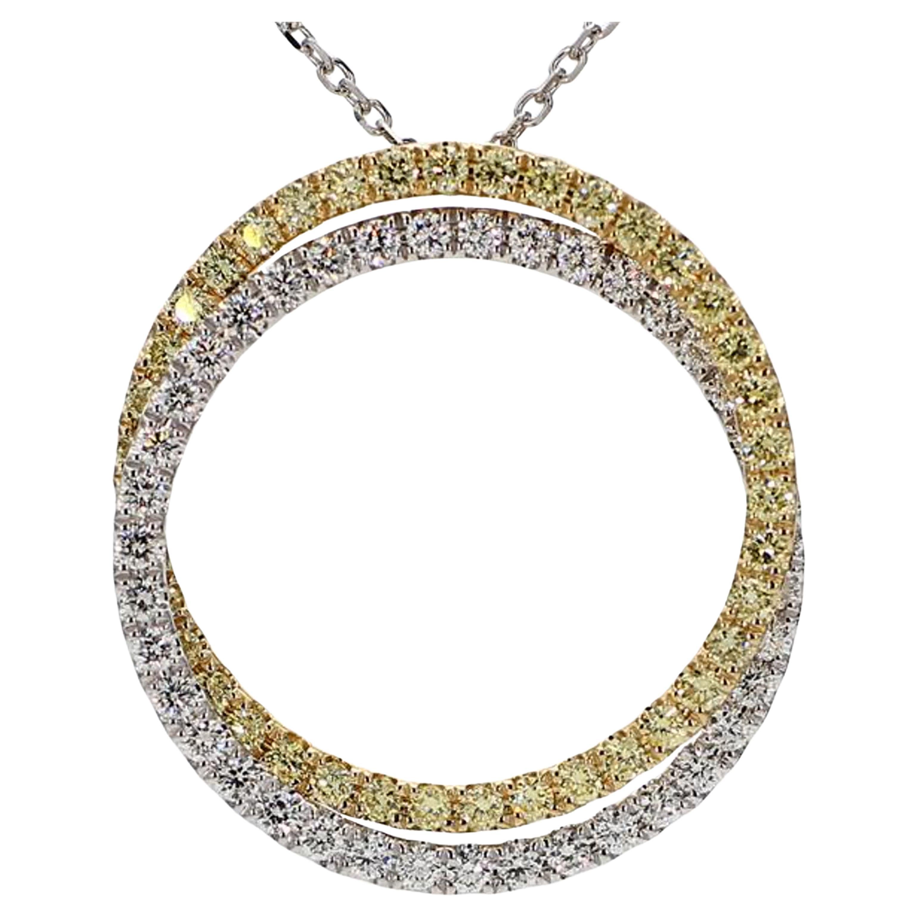 Natural Yellow Round and White Diamond 1.97 Carat TW Gold Circle Pendant For Sale