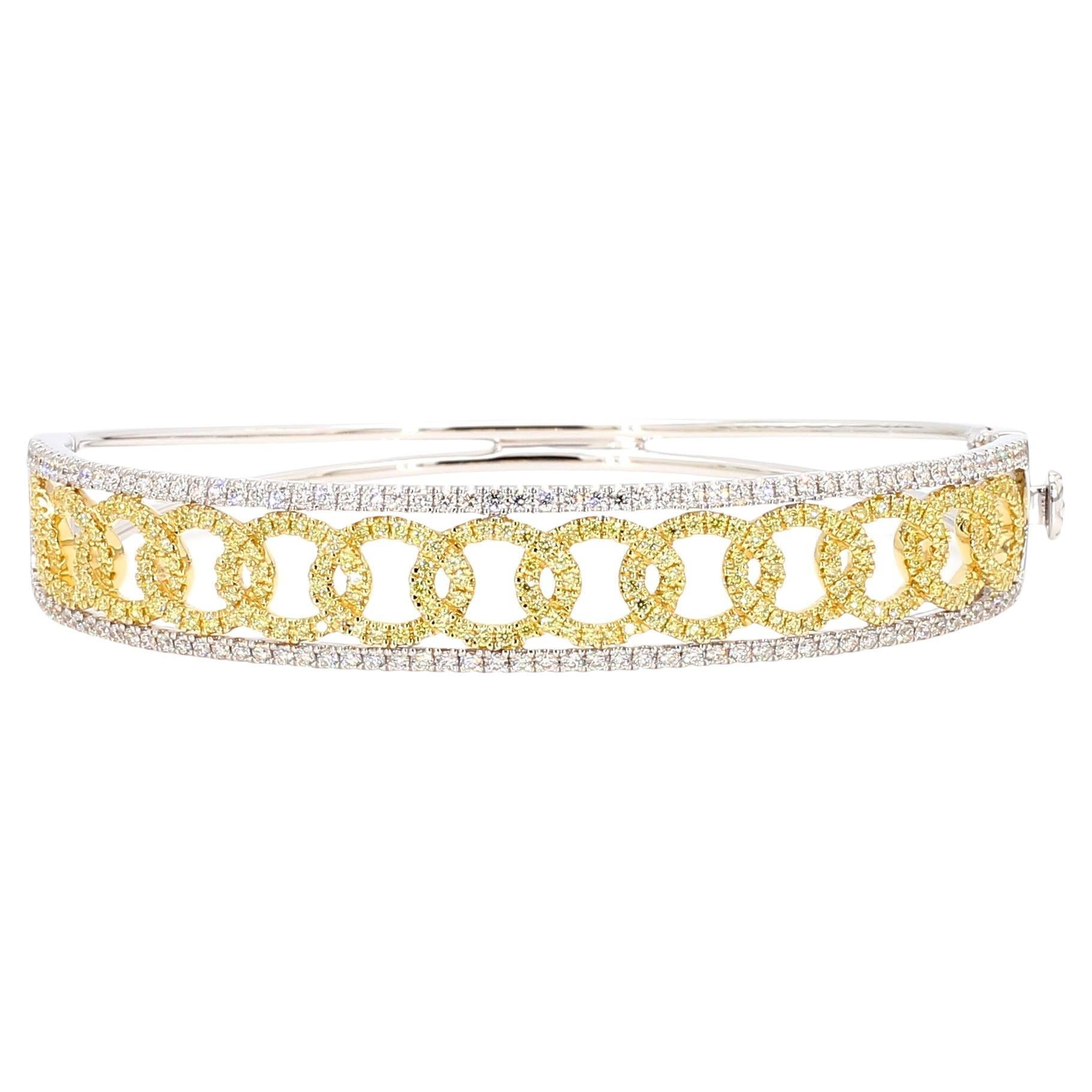 Natural Yellow Round and White Diamond 2.06 Carat TW Gold Cuff Bracelet