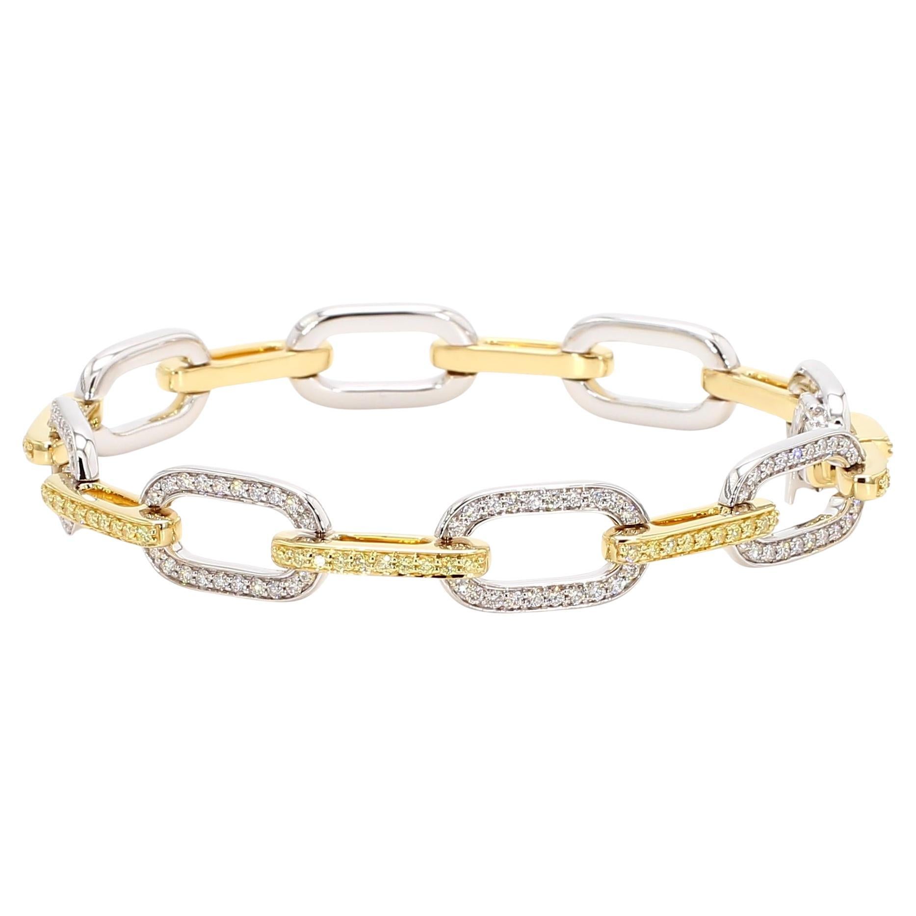 Natural Yellow Round and White Diamond 2.10 Carat TW Gold Link Bracelet