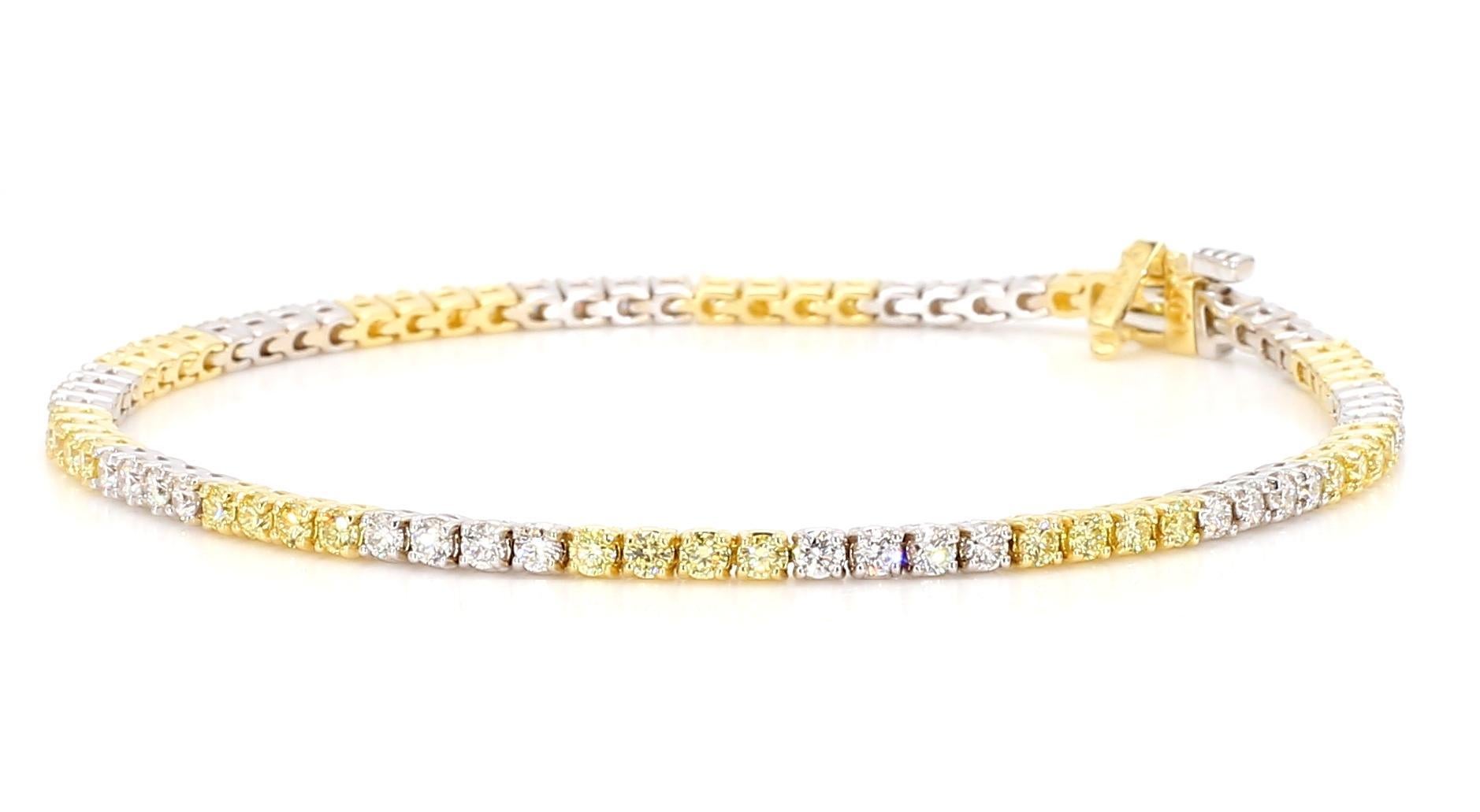 Contemporary Natural Yellow Round and White Diamond 2.33 Carat TW Gold Tennis Bracelet For Sale