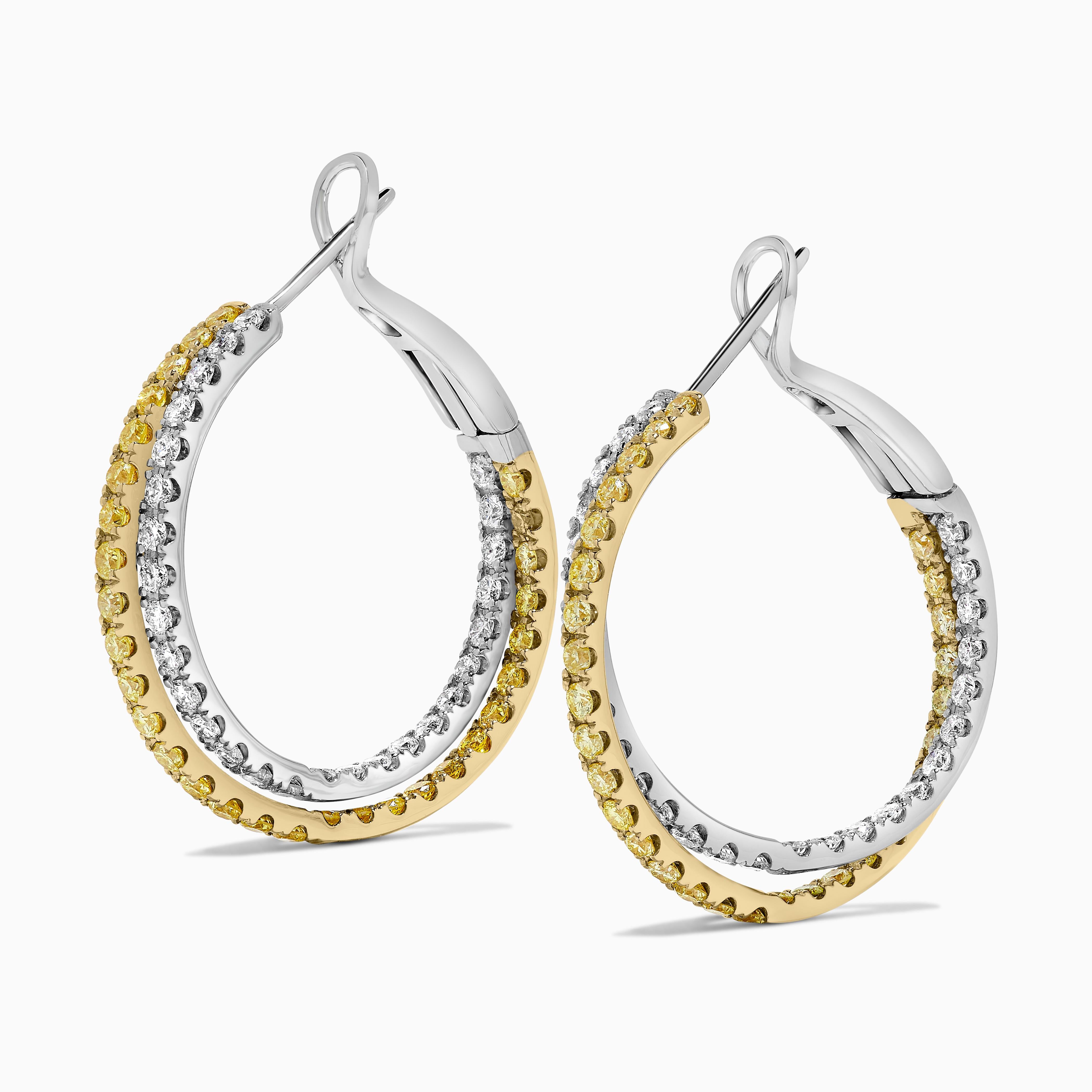 Contemporary Natural Yellow Round and White Diamond 2.62 Carat TW Gold Hoop Earrings For Sale