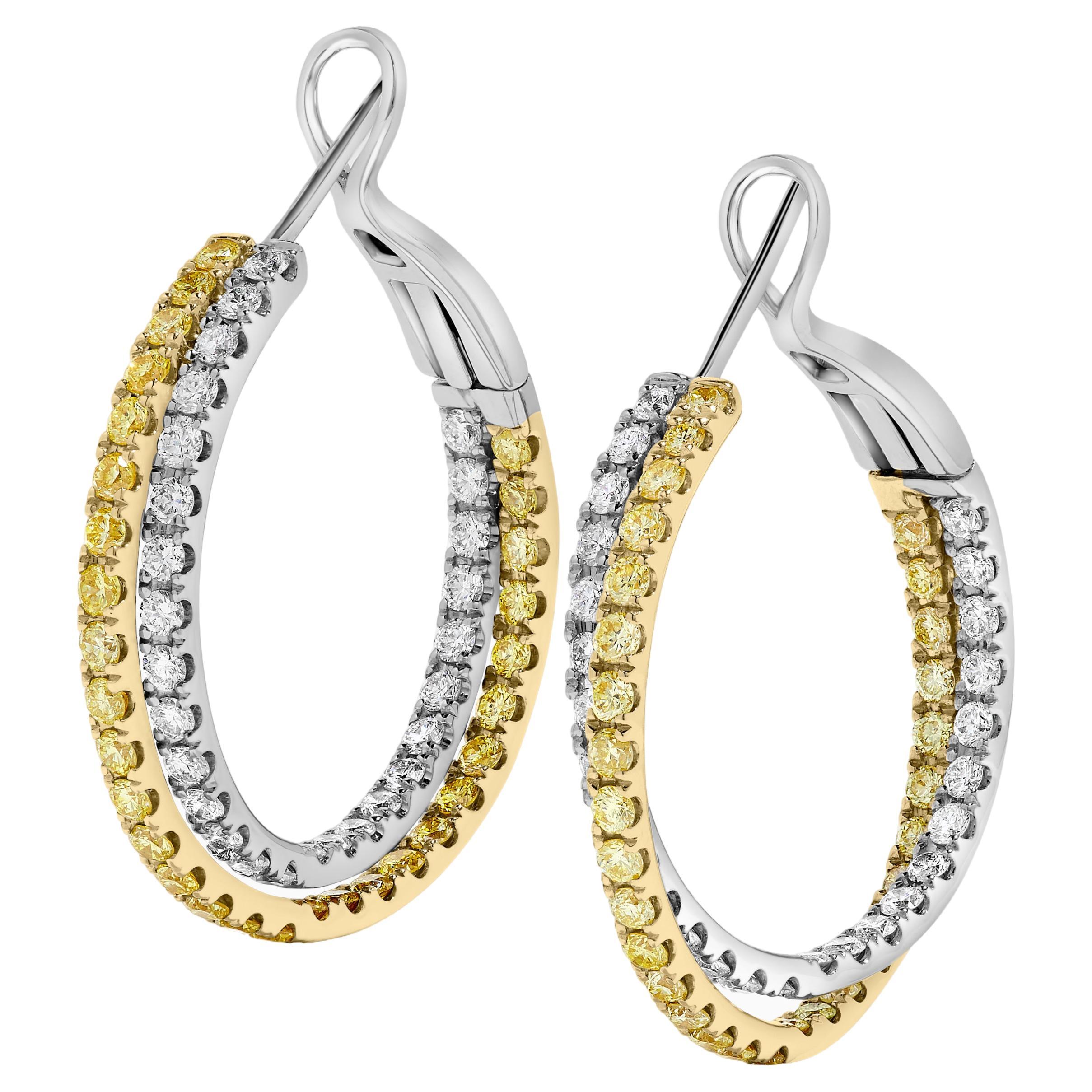 Natural Yellow Round and White Diamond 2.62 Carat TW Gold Hoop Earrings For Sale