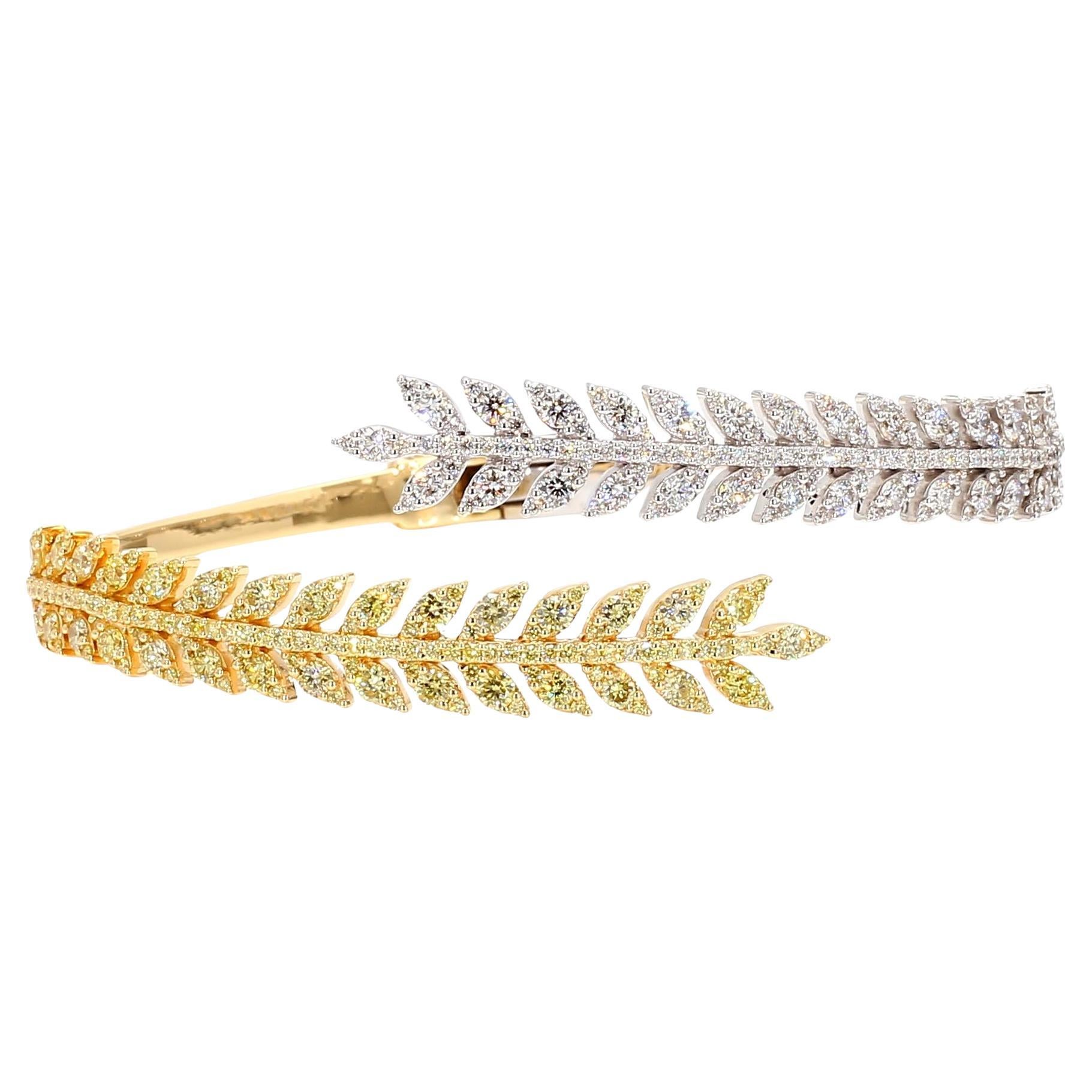 Natural Yellow Round and White Diamond 3.20 Carat TW Gold Cuff Bracelet