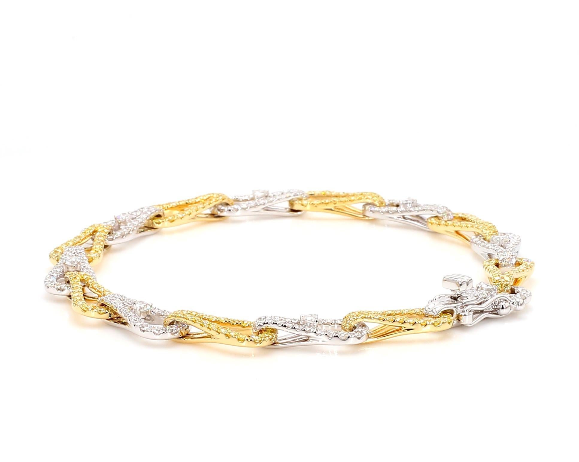 Taille ronde Bracelet à maillons en or jaune naturel, diamants ronds et blancs de 3,33 carats poids total en vente