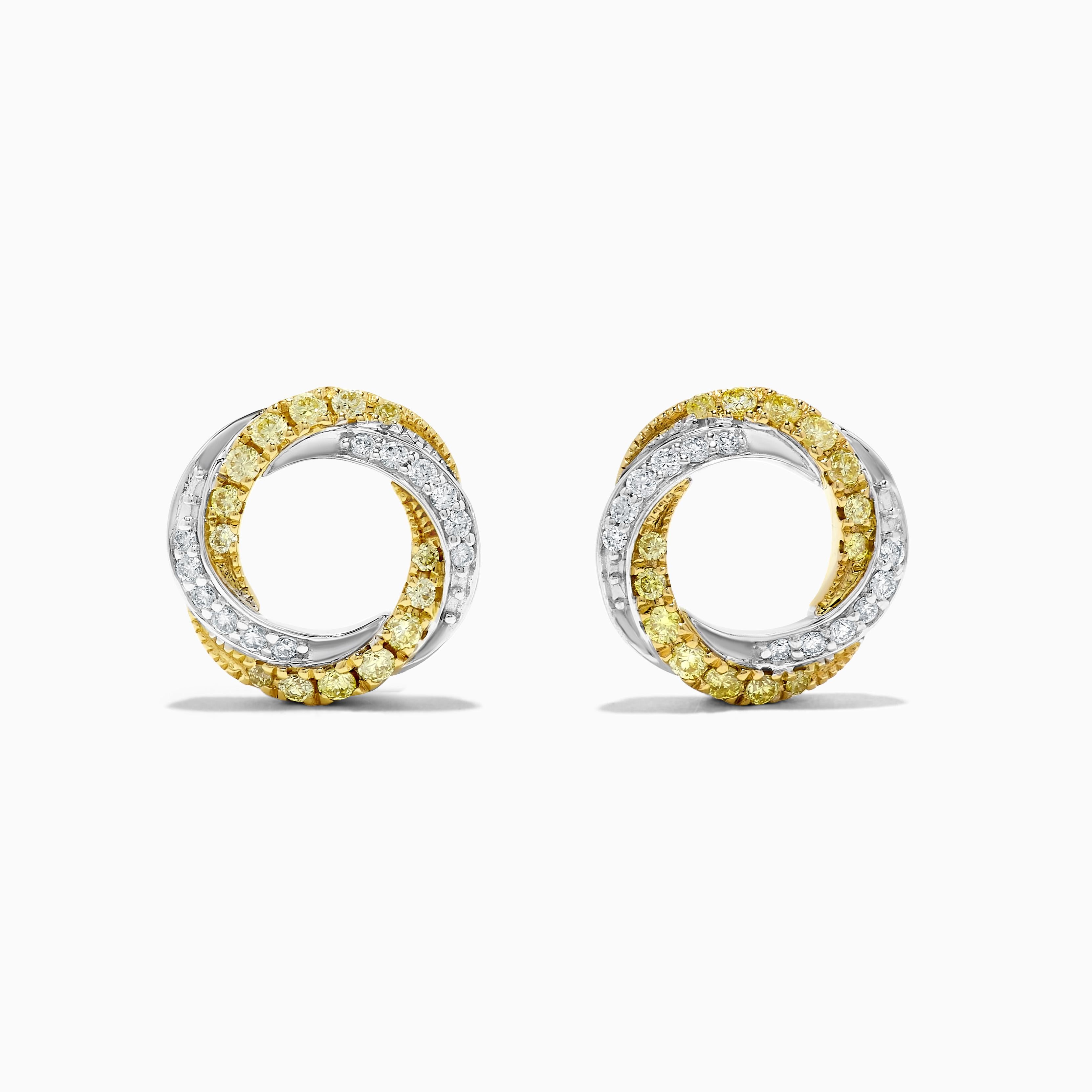 Round Cut Natural Yellow Round and White Diamond .35 Carat TW Gold Hoop Earrings For Sale