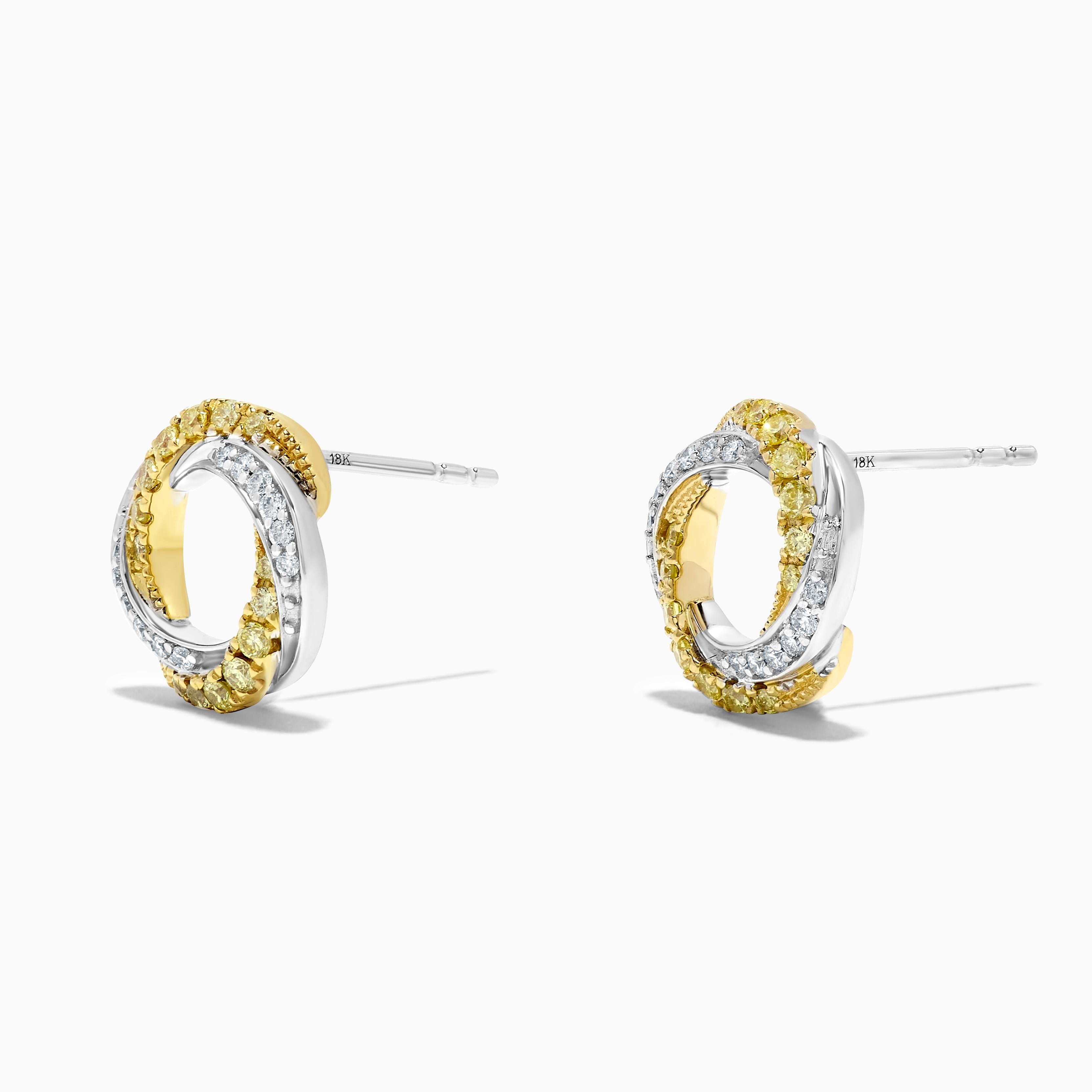 Natural Yellow Round and White Diamond .35 Carat TW Gold Hoop Earrings In New Condition For Sale In New York, NY