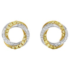 Natural Yellow Round and White Diamond .35 Carat TW Gold Hoop Earrings