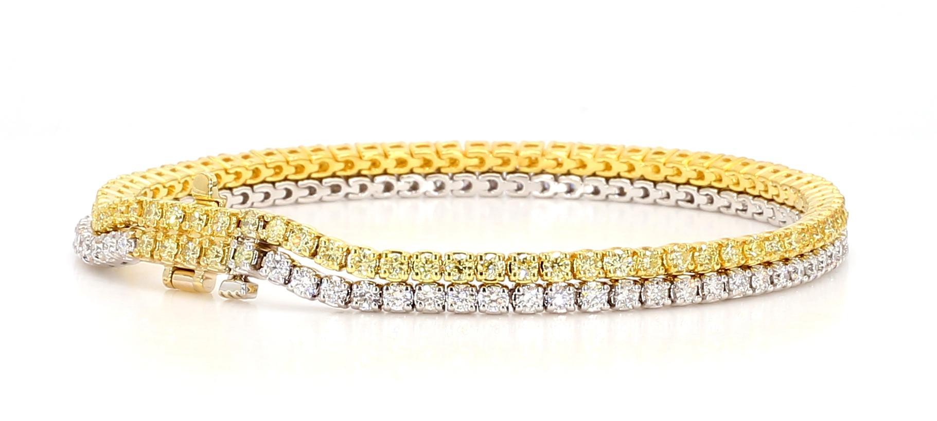 Contemporary Natural Yellow Round and White Diamond 3.89 Carat TW Gold Bracelet For Sale