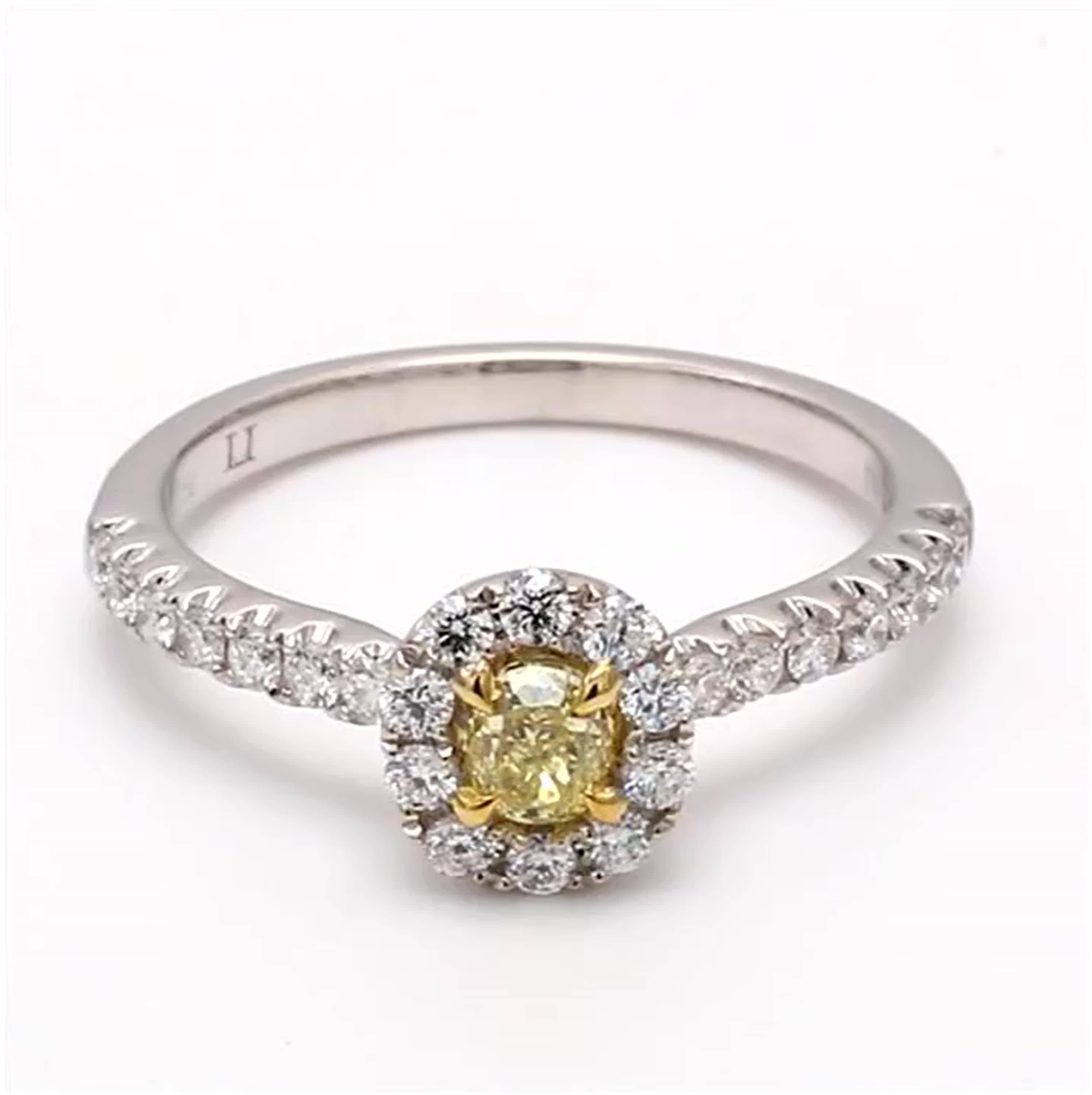 RareGemWorld's classic diamond ring. Mounted in a beautiful 18K Yellow and White Gold setting with a natural round cut yellow diamond. The yellow diamond is surrounded by round natural white diamond melee. This ring is guaranteed to impress and