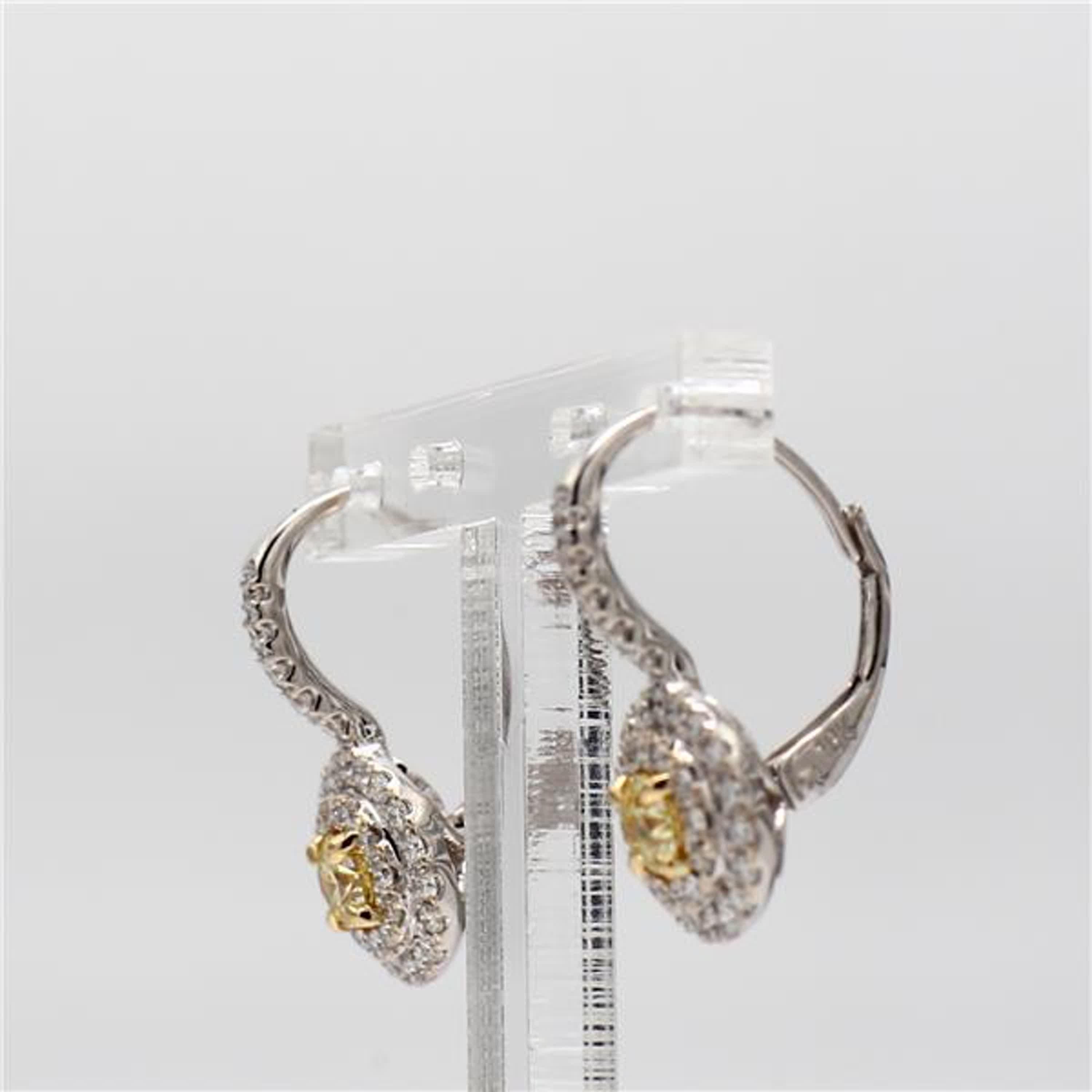 Contemporary Natural Yellow Round and White Diamond .85 Carat TW Gold Drop Earrings For Sale
