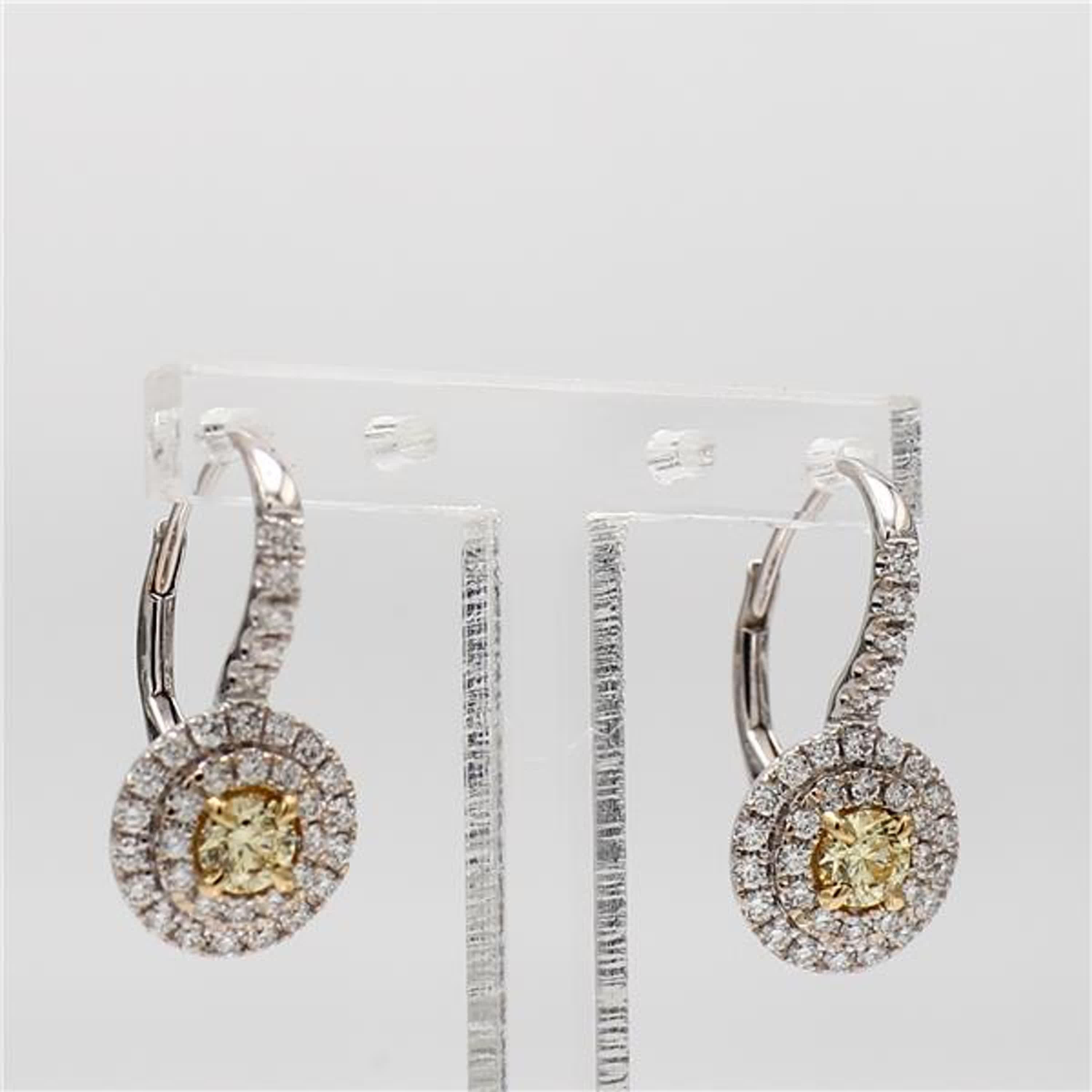 Natural Yellow Round and White Diamond .85 Carat TW Gold Drop Earrings For Sale 1