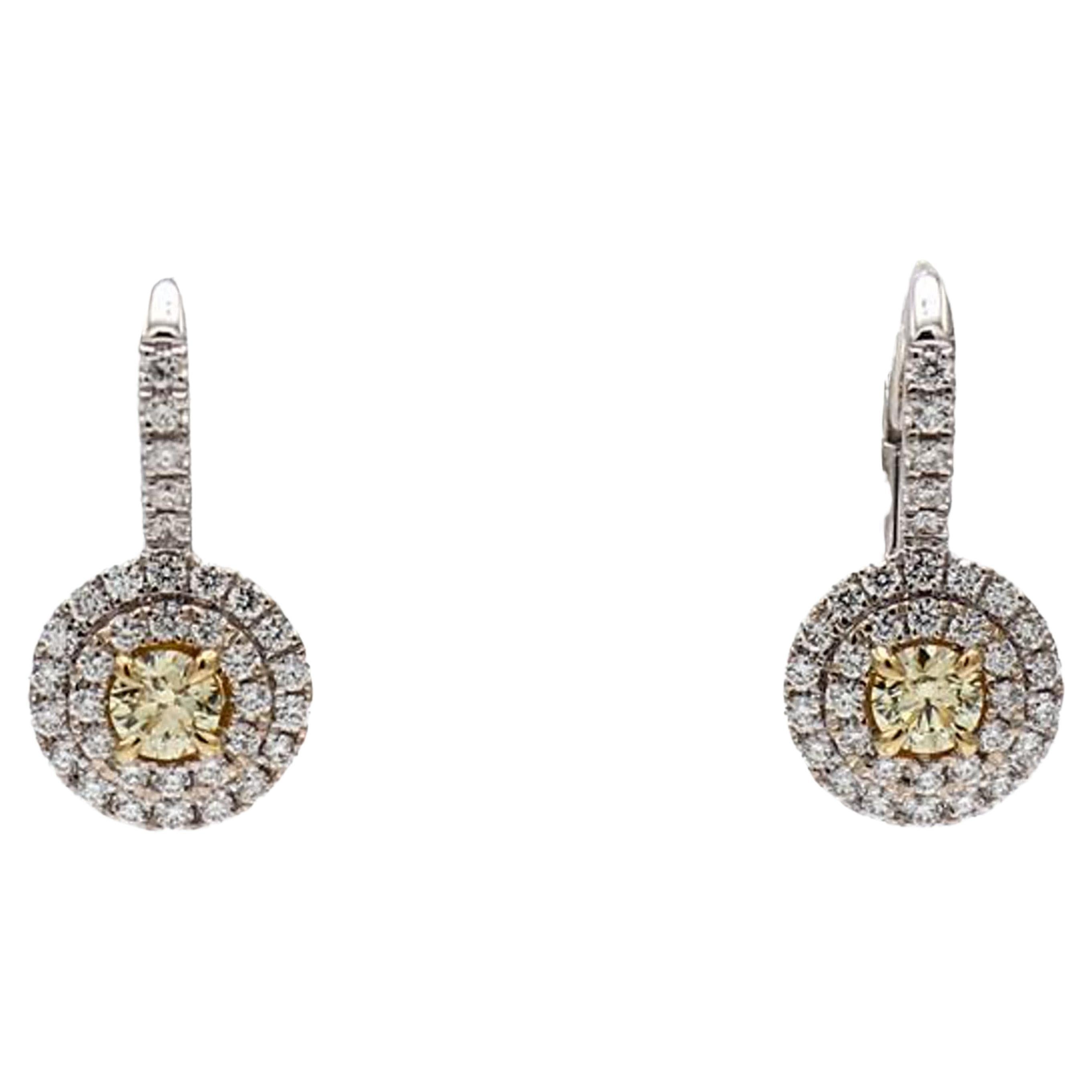 Natural Yellow Round and White Diamond .85 Carat TW Gold Drop Earrings For Sale