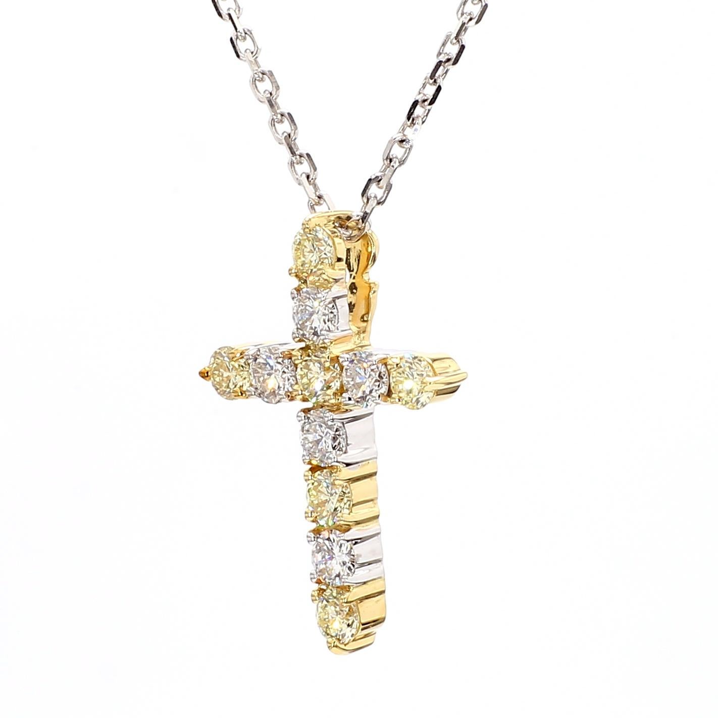 Contemporain Pendentif croix en or avec diamant rond jaune naturel et diamant blanc de 0,90 carat TW en vente