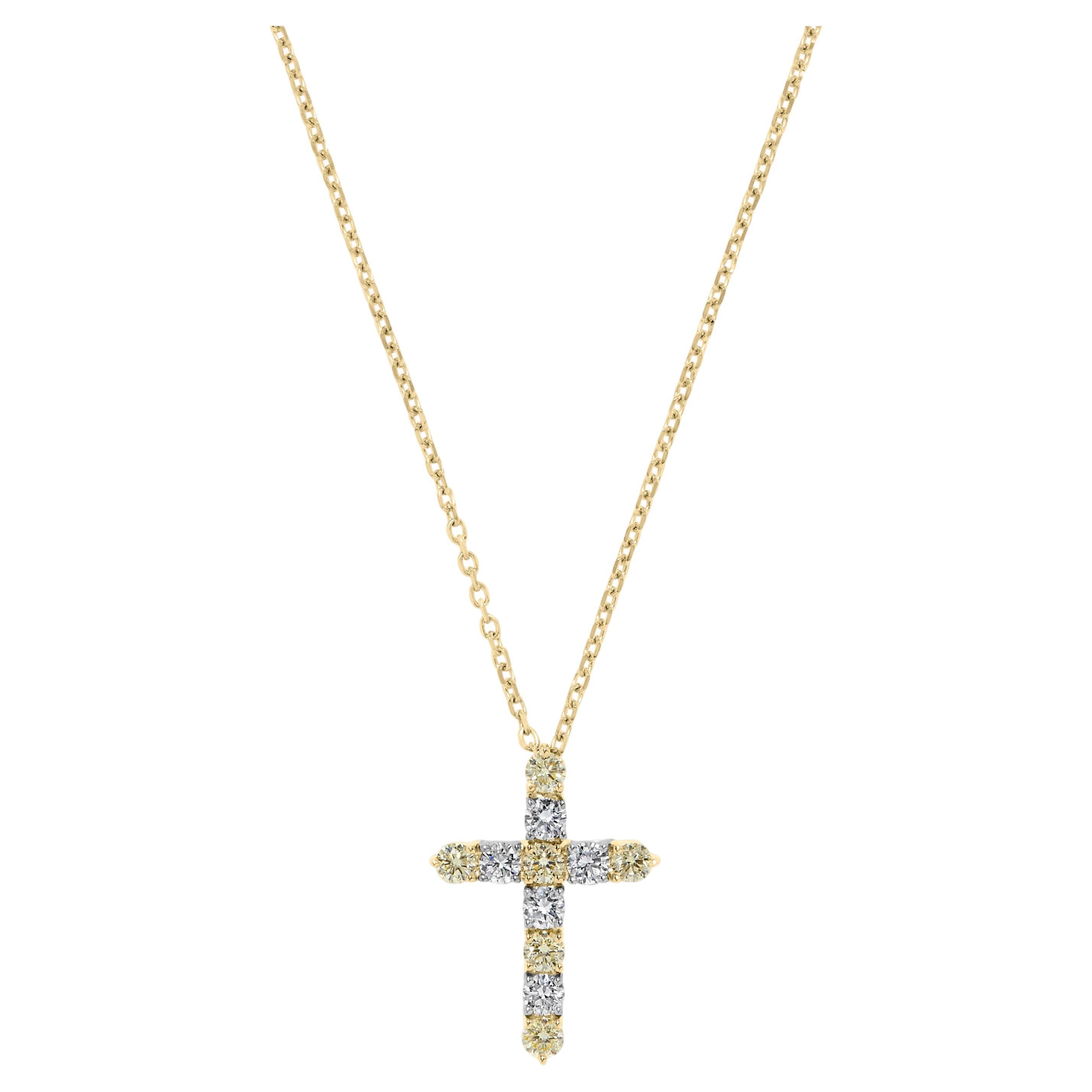 Natural Yellow Round and White Diamond .90 Carat TW Gold Cross Pendant For Sale