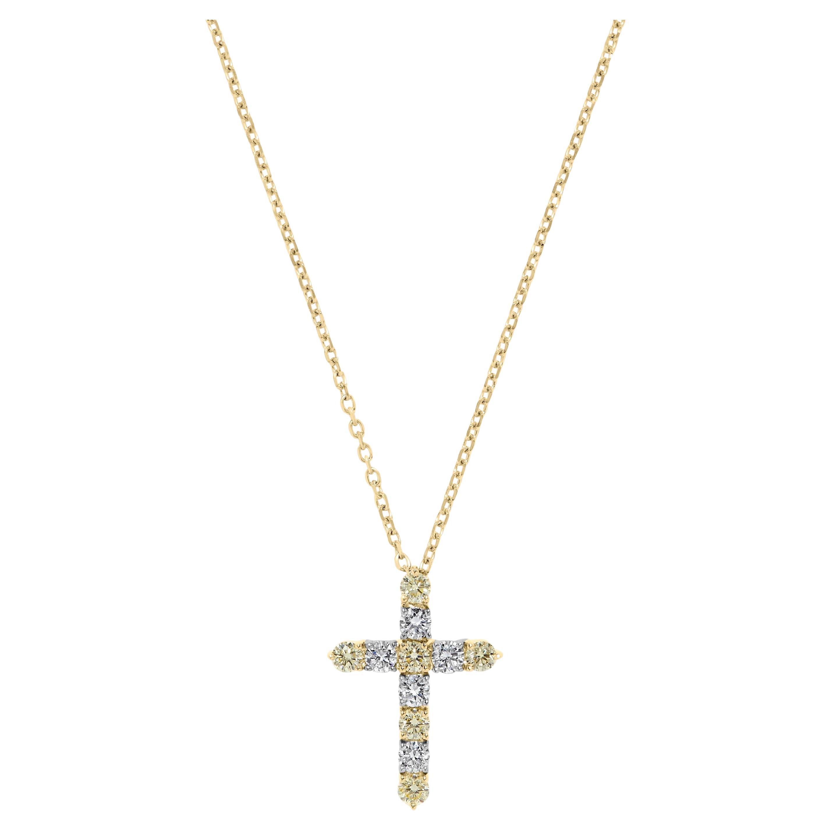 Natural Yellow Round and White Diamond .90 Carat TW Gold Cross Pendant