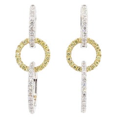 Natural Yellow Round and White Diamond .98 Carat TW Gold Drop Earrings