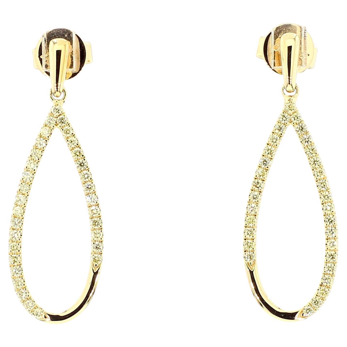Natural Yellow Round Diamond 0.43 Carat TW Yellow Gold Hoop Earrings