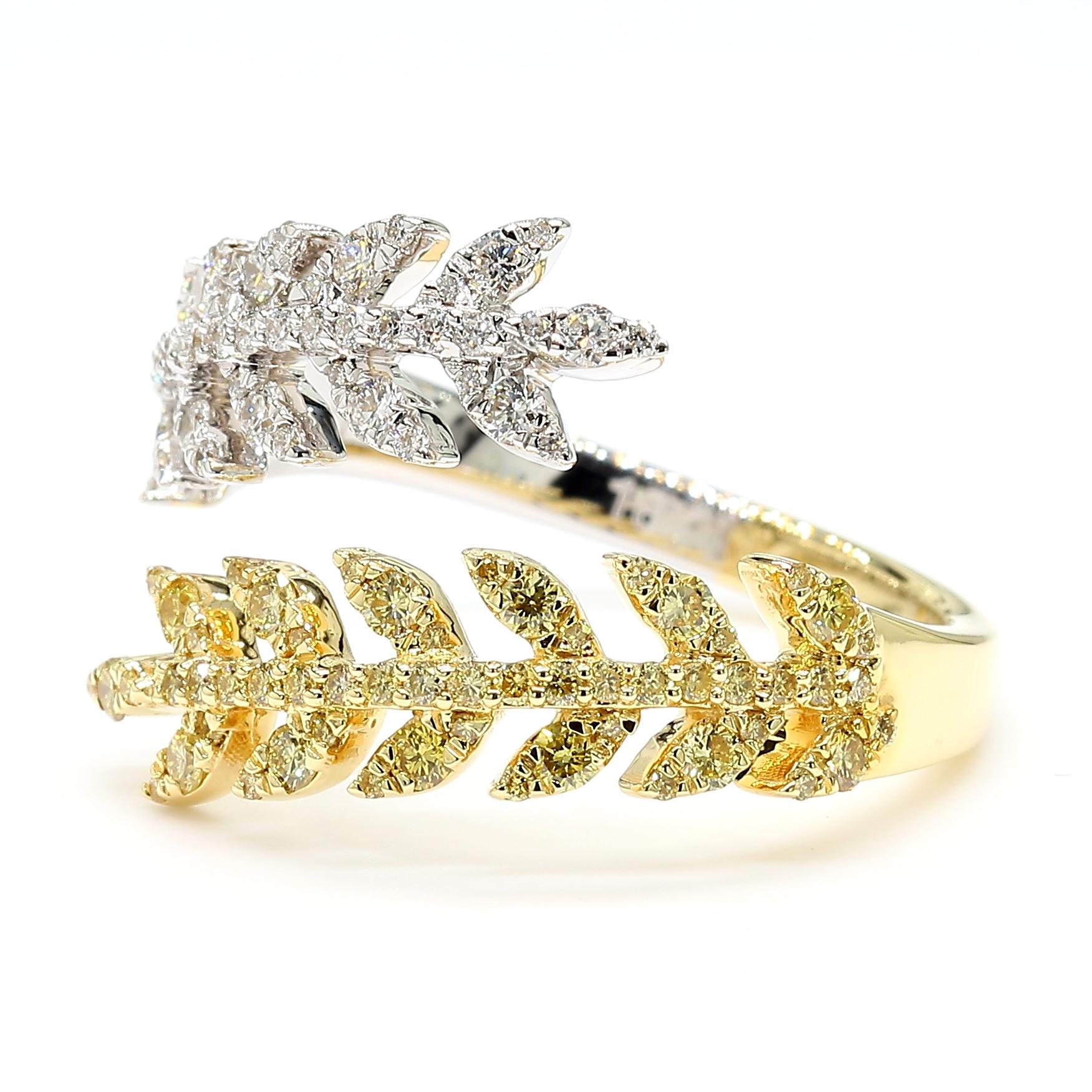 RareGemWorld's beautiful diamond cocktail ring. Mounted in a beautiful 18K Yellow and White Gold setting with natural round cut yellow diamonds complimented by natural round white diamond melee. This ring is guaranteed to impress and enhance your