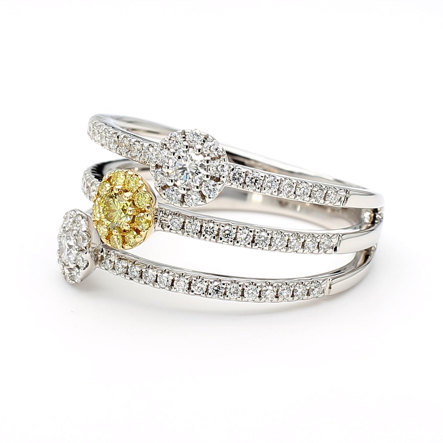RareGemWorld's beautiful diamond cocktail ring. Mounted in a beautiful 18K Yellow and White Gold setting with natural round cut yellow diamonds complimented by natural round white diamond melee. This ring is guaranteed to impress and enhance your