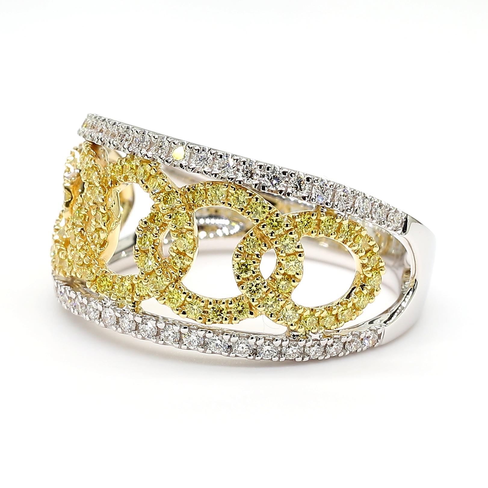 RareGemWorld's beautiful diamond cocktail ring. Mounted in a beautiful 18K Yellow and White Gold setting with natural round cut yellow diamonds complimented by natural round white diamond melee. This ring is guaranteed to impress and enhance your