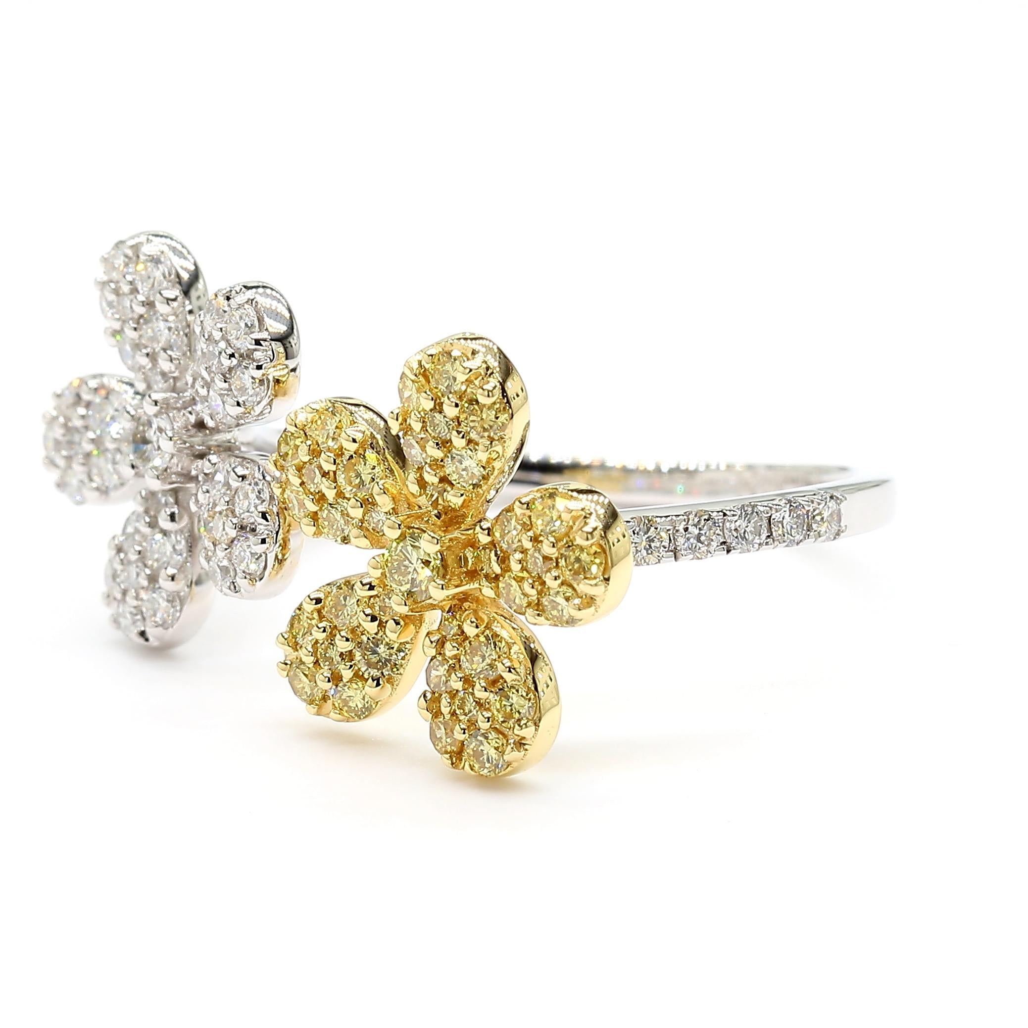 RareGemWorld's beautiful diamond cocktail ring. Mounted in a beautiful 18K Yellow and White Gold setting with natural round cut yellow diamonds complimented by natural round white diamond melee. This ring is guaranteed to impress and enhance your
