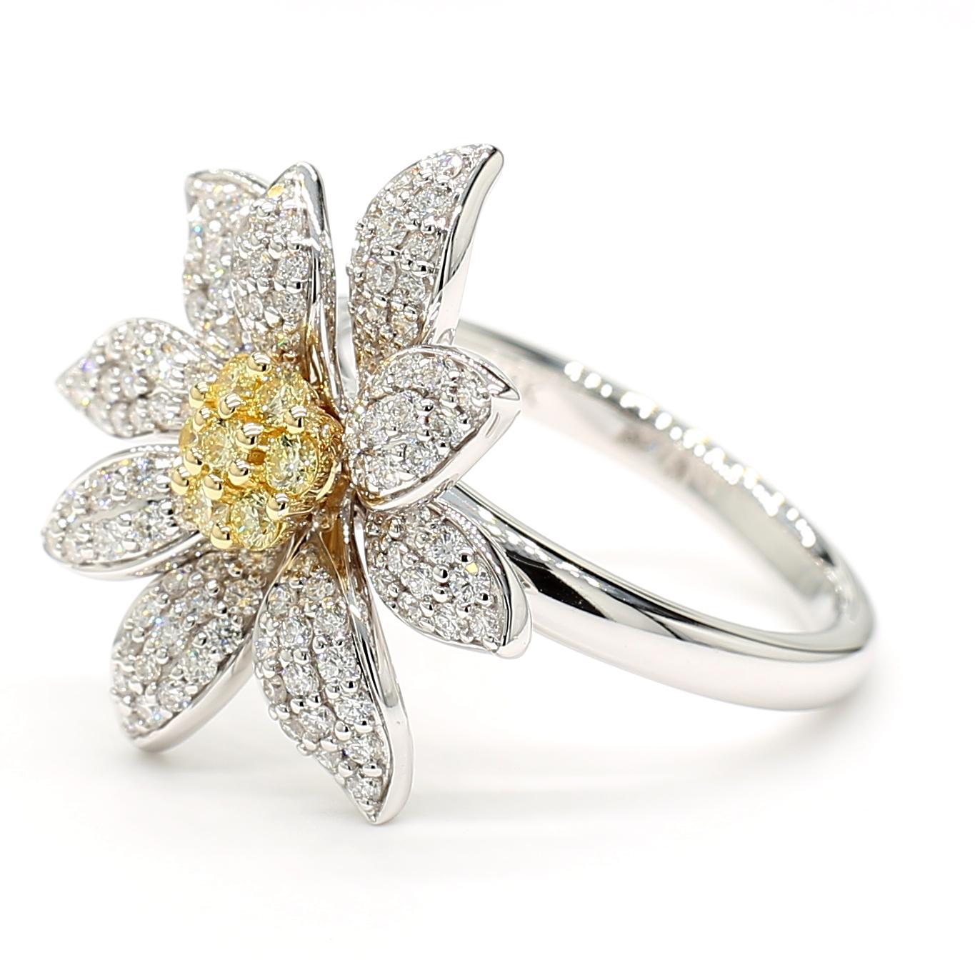 RareGemWorld's beautiful diamond cocktail ring. Mounted in a beautiful 18K Yellow and White Gold setting with natural round cut yellow diamonds complimented by natural round white diamond melee. This ring is guaranteed to impress and enhance your