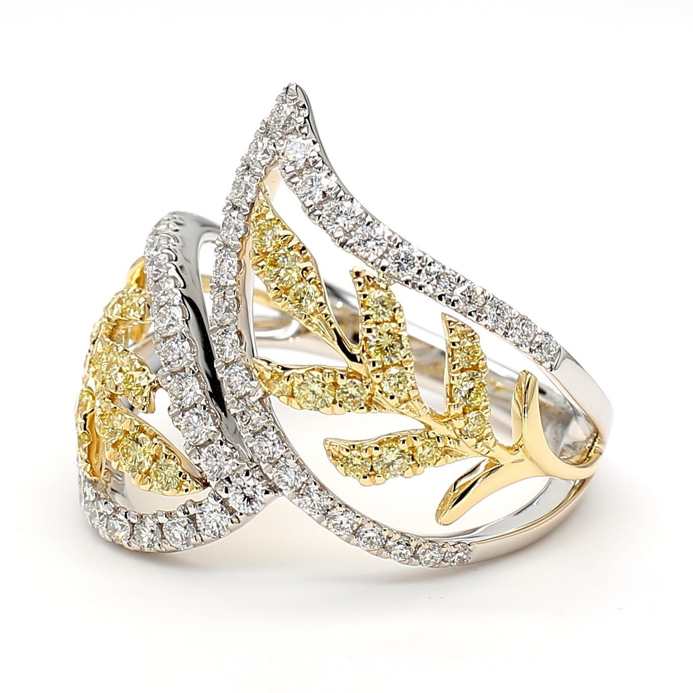 RareGemWorld's beautiful diamond cocktail ring. Mounted in a beautiful 18K Yellow and White Gold setting with natural round cut yellow diamonds complimented by natural round white diamond melee. This ring is guaranteed to impress and enhance your