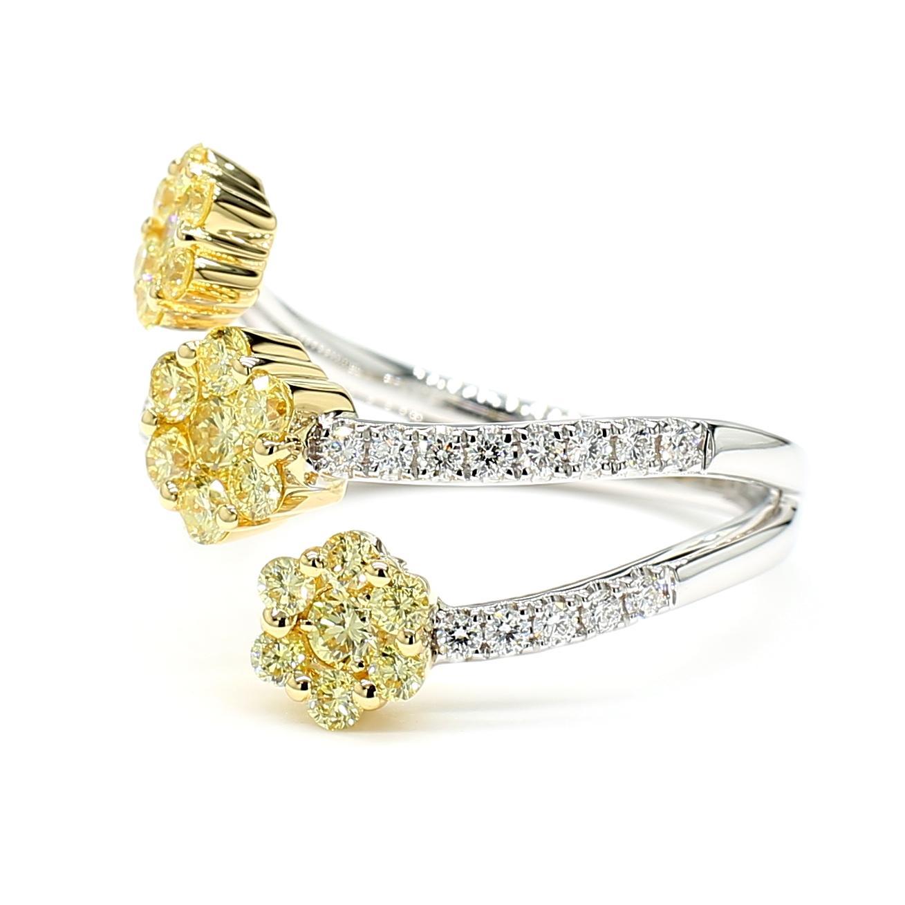 RareGemWorld's beautiful diamond cocktail ring. Mounted in a beautiful 18K Yellow and White Gold setting with natural round cut yellow diamonds complimented by natural round white diamond melee. This ring is guaranteed to impress and enhance your