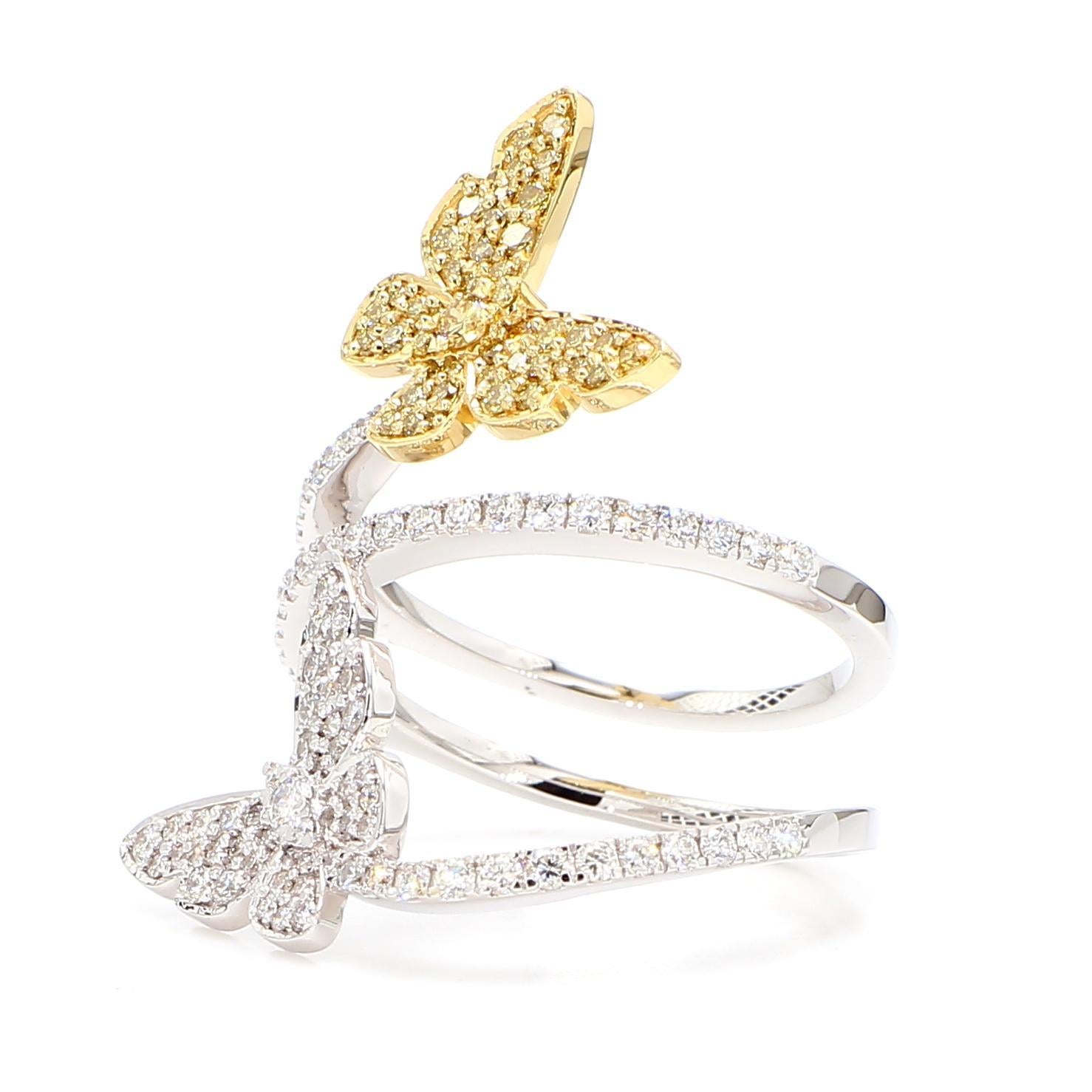 RareGemWorld's beautiful diamond cocktail ring. Mounted in a beautiful 18K Yellow and White Gold setting with natural round cut yellow diamonds complimented by natural round white diamond melee. This ring is guaranteed to impress and enhance your