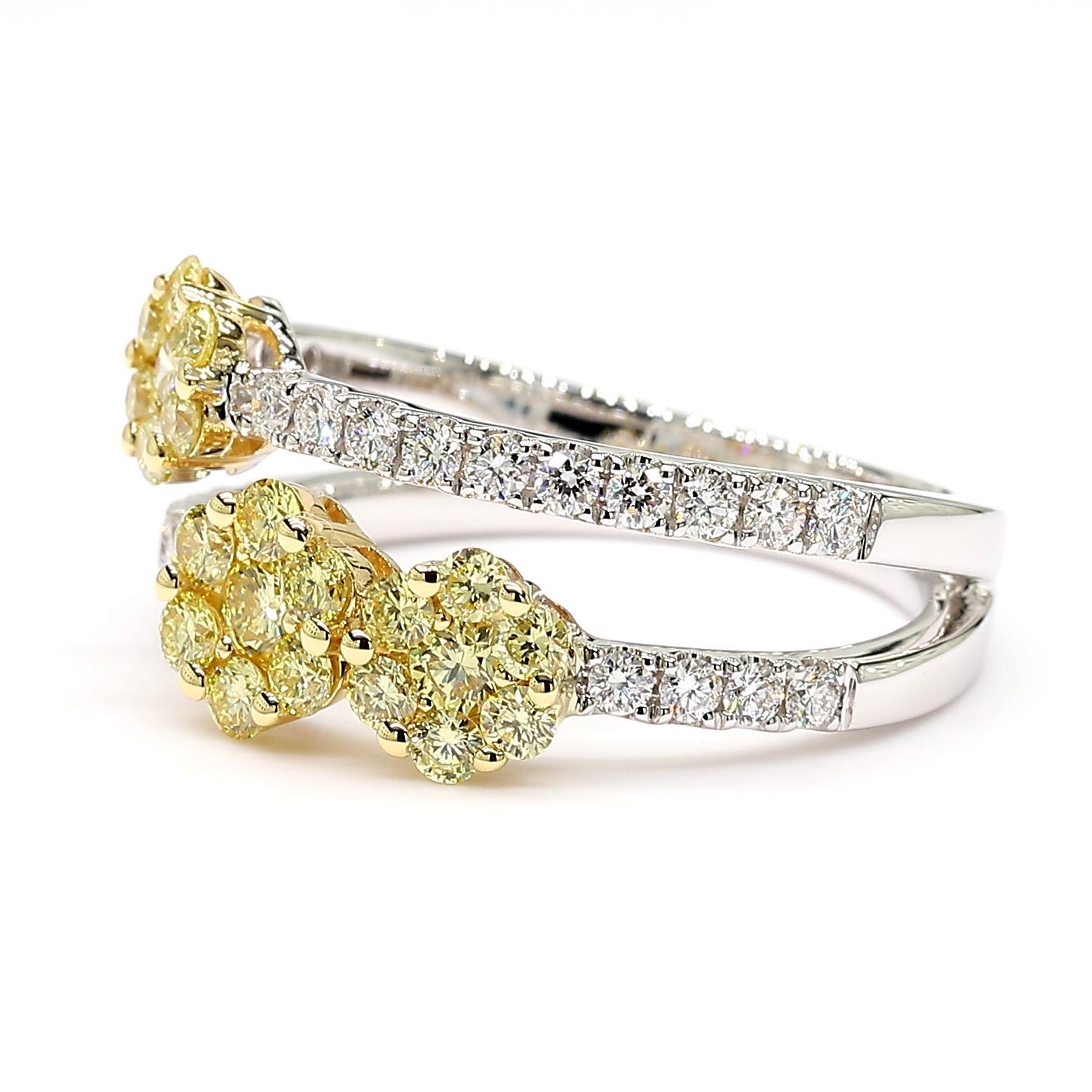 RareGemWorld's beautiful diamond cocktail ring. Mounted in a beautiful 18K Yellow and White Gold setting with natural round cut yellow diamonds complimented by natural round white diamond melee. This ring is guaranteed to impress and enhance your